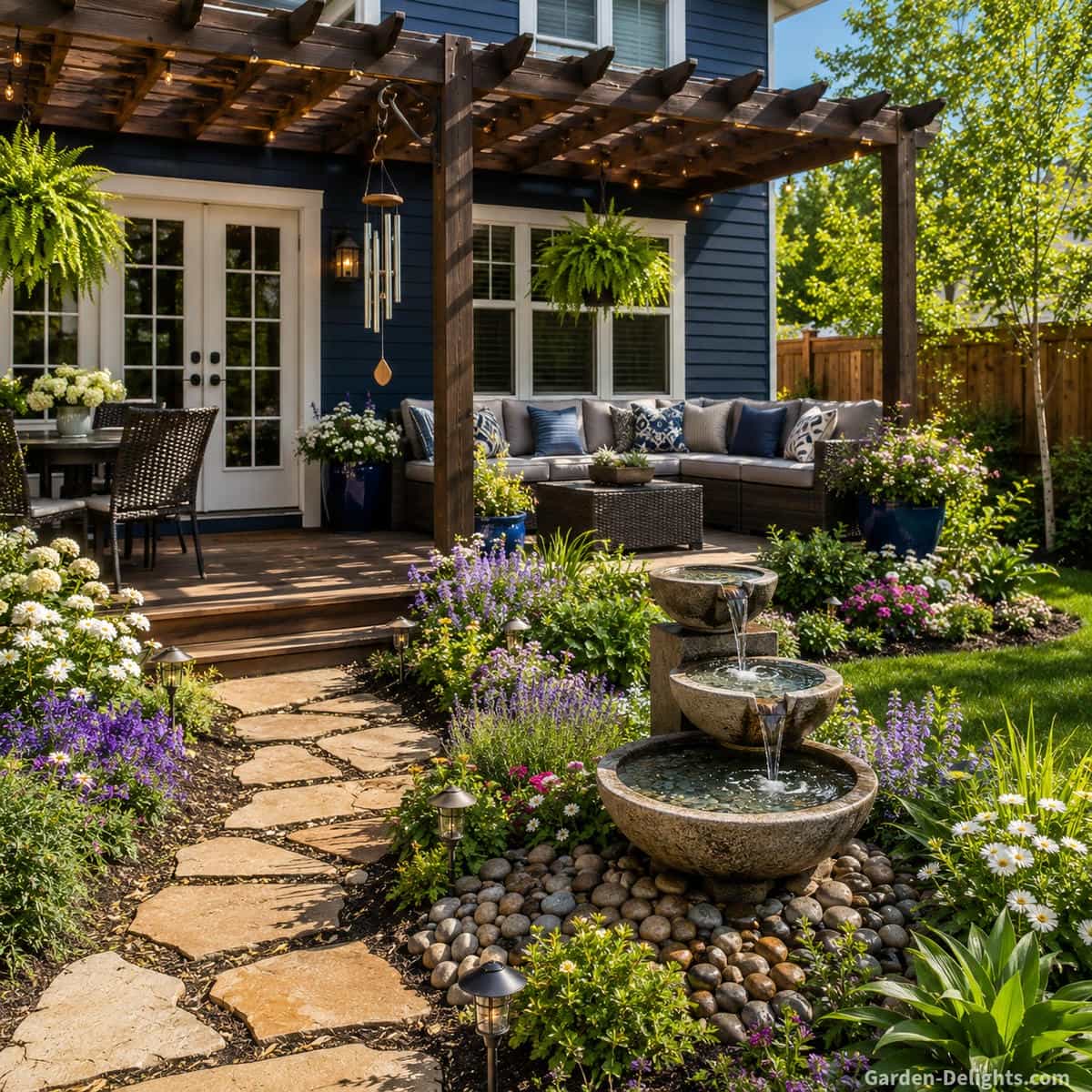 Best selling backyard water fountain beside a dark blue home with white trim, patio doors, a wood pergola deck, aluminum wind chimes, stone garden path, colorful flower beds and cozy wicker patio furniture. The flowing water symbolizes calm outdoor living, peaceful garden sound, backyard relaxation and a welcoming landscape focal point for popular patio fountain ideas.