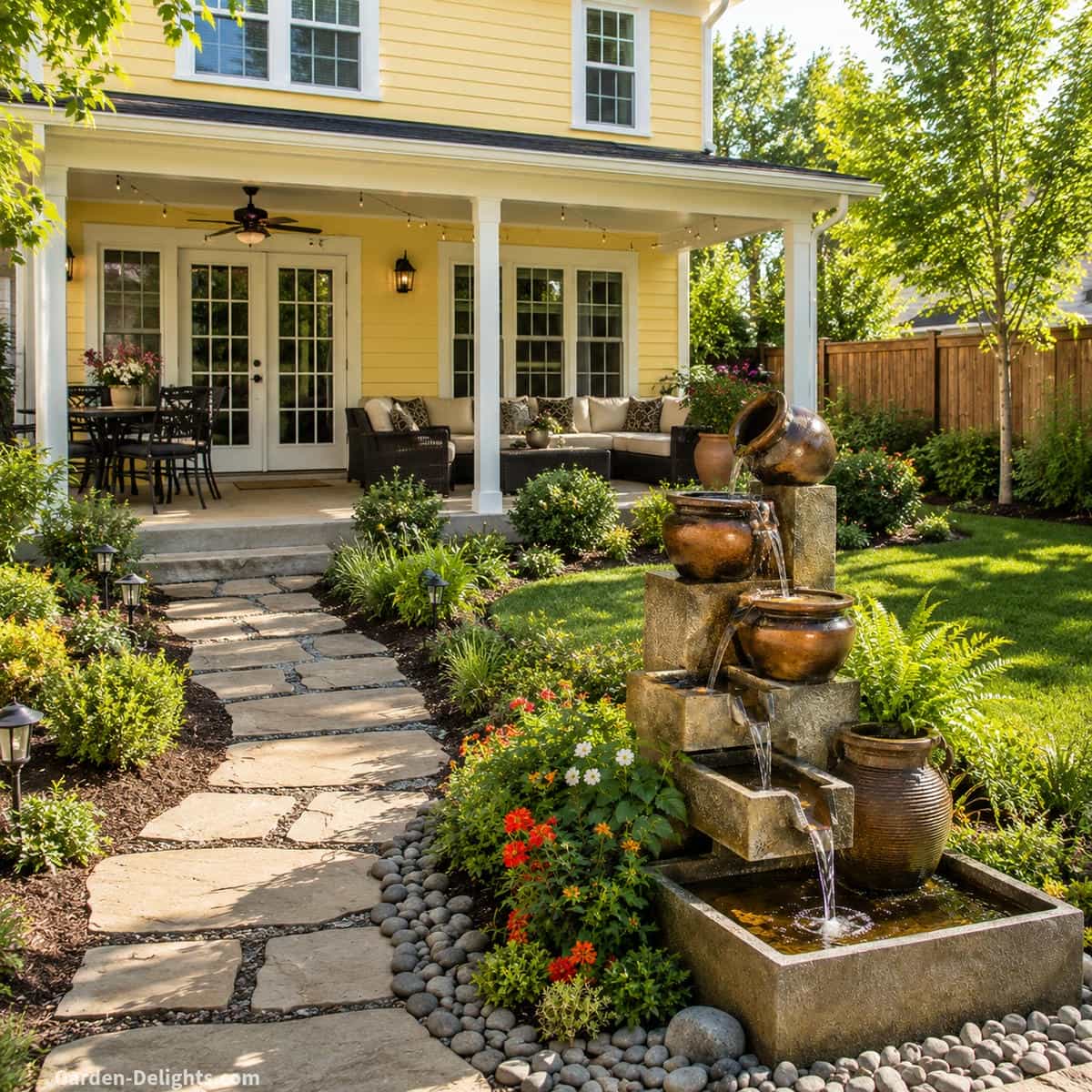 Best water fountain types by location showing patio fountains, garden fountains, balcony fountains, backyard fountains, courtyard fountains and indoor fountains placed in real home spaces.