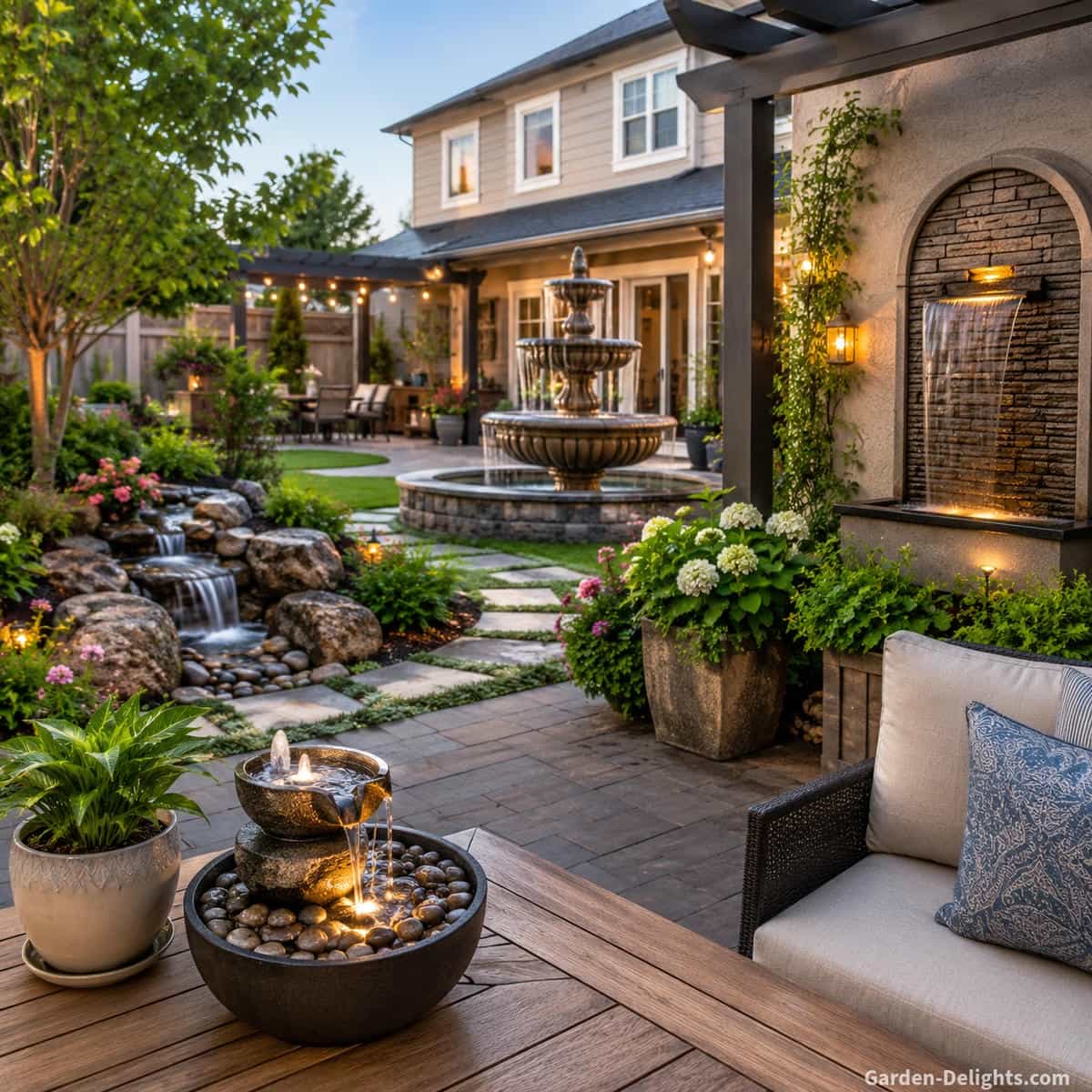 Best water fountain types for common homeowner situations showing tabletop fountains, wall fountains, bubbling rock fountains and tiered fountains for apartments, patios, gardens and backyards.