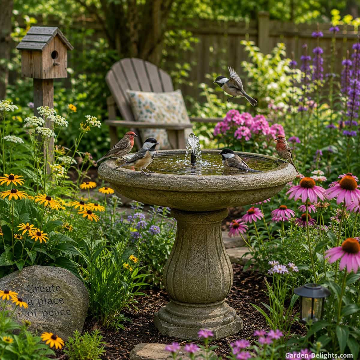 Birdbath fountain in a bird friendly backyard habitat with finches, chickadees, coneflowers, black eyed Susans and native garden plants. The shallow moving water symbolizes welcome, care and peaceful wildlife garden design while supporting safe bird bathing, gentle drinking water, pollinator planting and backyard bird fountain ideas.