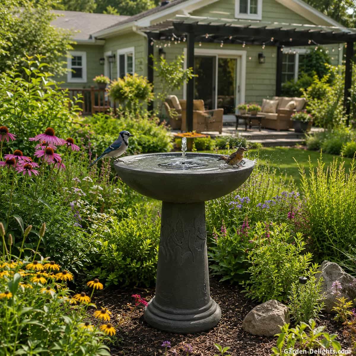Dark gray birdbath water fountain with shallow moving water, songbirds, native plants and ornamental grasses in a backyard wildlife garden near a pergola patio and bird friendly landscape.