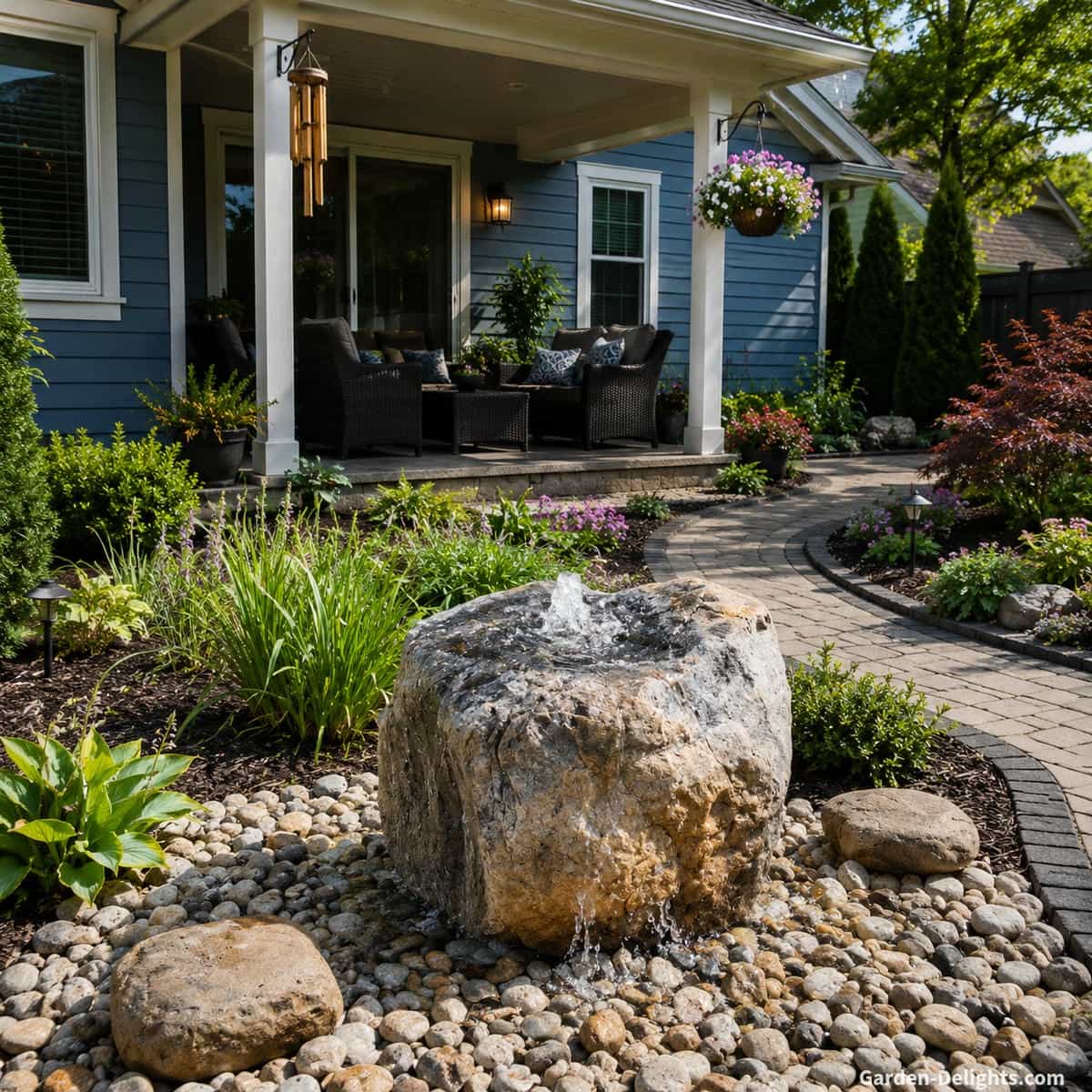 Bubbling rock water fountain with natural stone texture, gentle flowing water, decorative river rock bed, garden pathway edging, backyard patio retreat, bamboo wind chimes, landscaped planting beds and low splash outdoor water feature design.