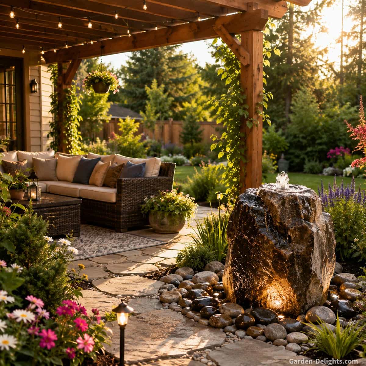 Beautiful backyard pergola with a natural stone bubbling rock water fountain beside a comfortable outdoor seating area, surrounded by colorful garden beds, mature landscaping, stone walkways and soft evening sunlight, showing how choosing the right type of water fountain creates lasting outdoor comfort, gentle water sound, practical placement and everyday enjoyment for homeowners.