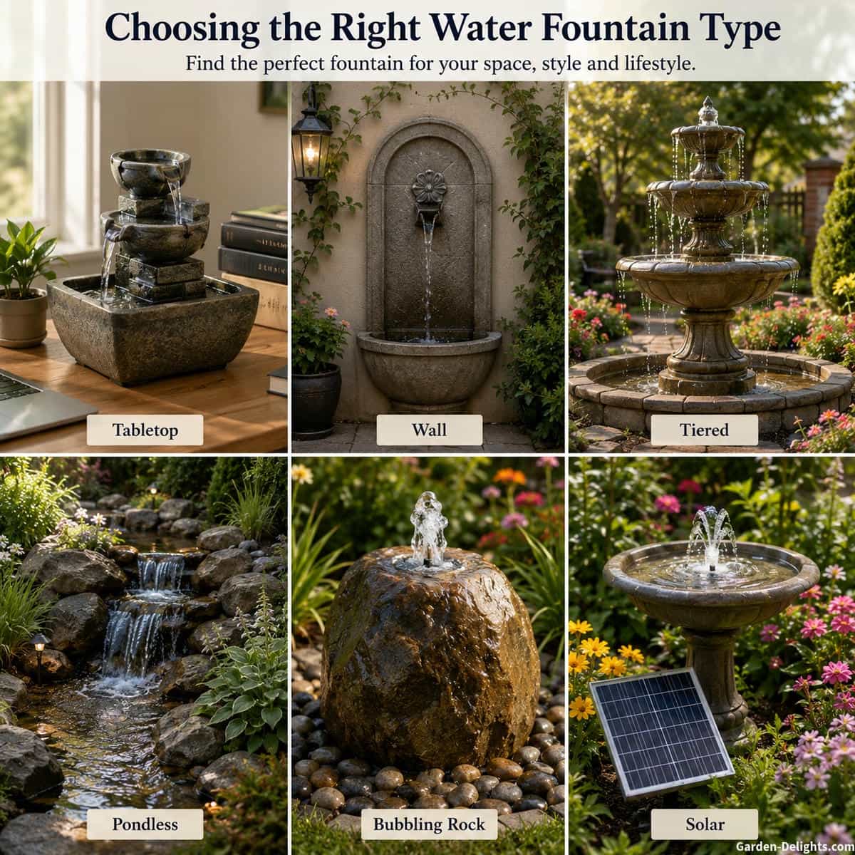 Choosing the right water fountain type by comparing space size, water sound, maintenance needs, placement, garden style and budget for patios, backyards, balconies and indoor rooms.