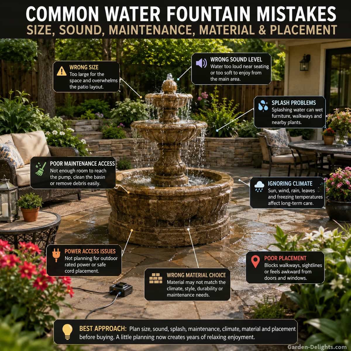 Common water fountain mistakes showing patio fountain placement, fountain size, water sound, splash control, seating distance, maintenance access and backyard layout problems before installation.