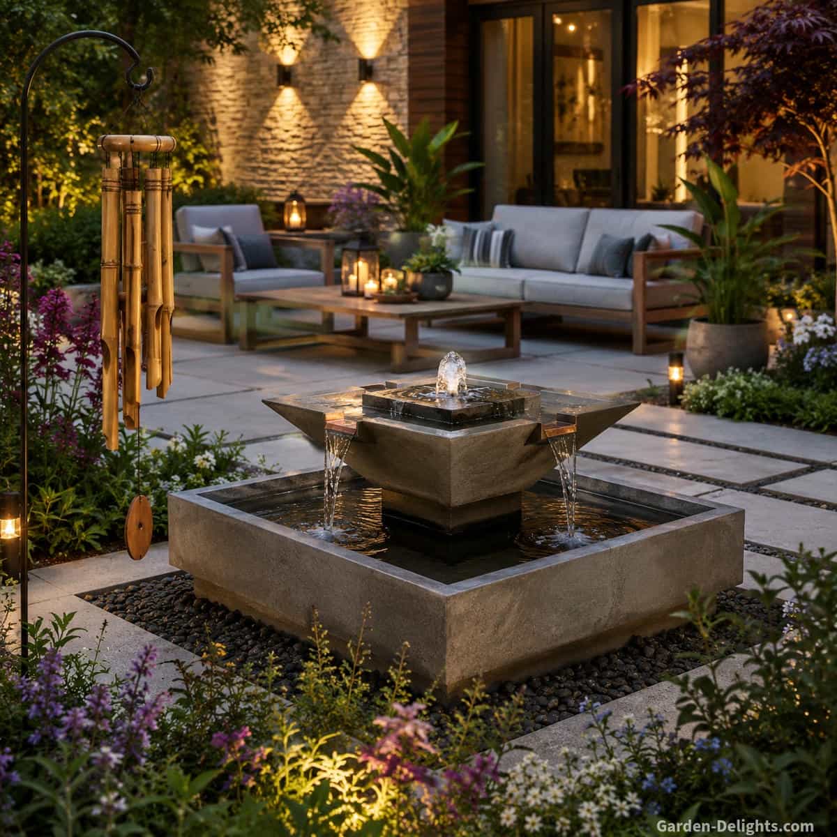 Contemporary water fountain style in an updated patio with geometric water feature, mixed materials, soft landscape lighting, bamboo wind chimes, flowering garden beds, modern outdoor furniture and gentle water movement.