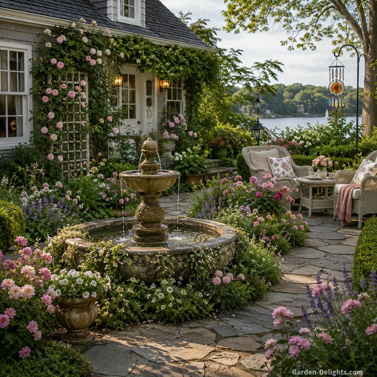 Cottage garden water fountain style surrounded by flower beds, stone garden paths, climbing roses, cottage flowers, weathered stone fountain, lakeside cottage seating and romantic outdoor charm.
