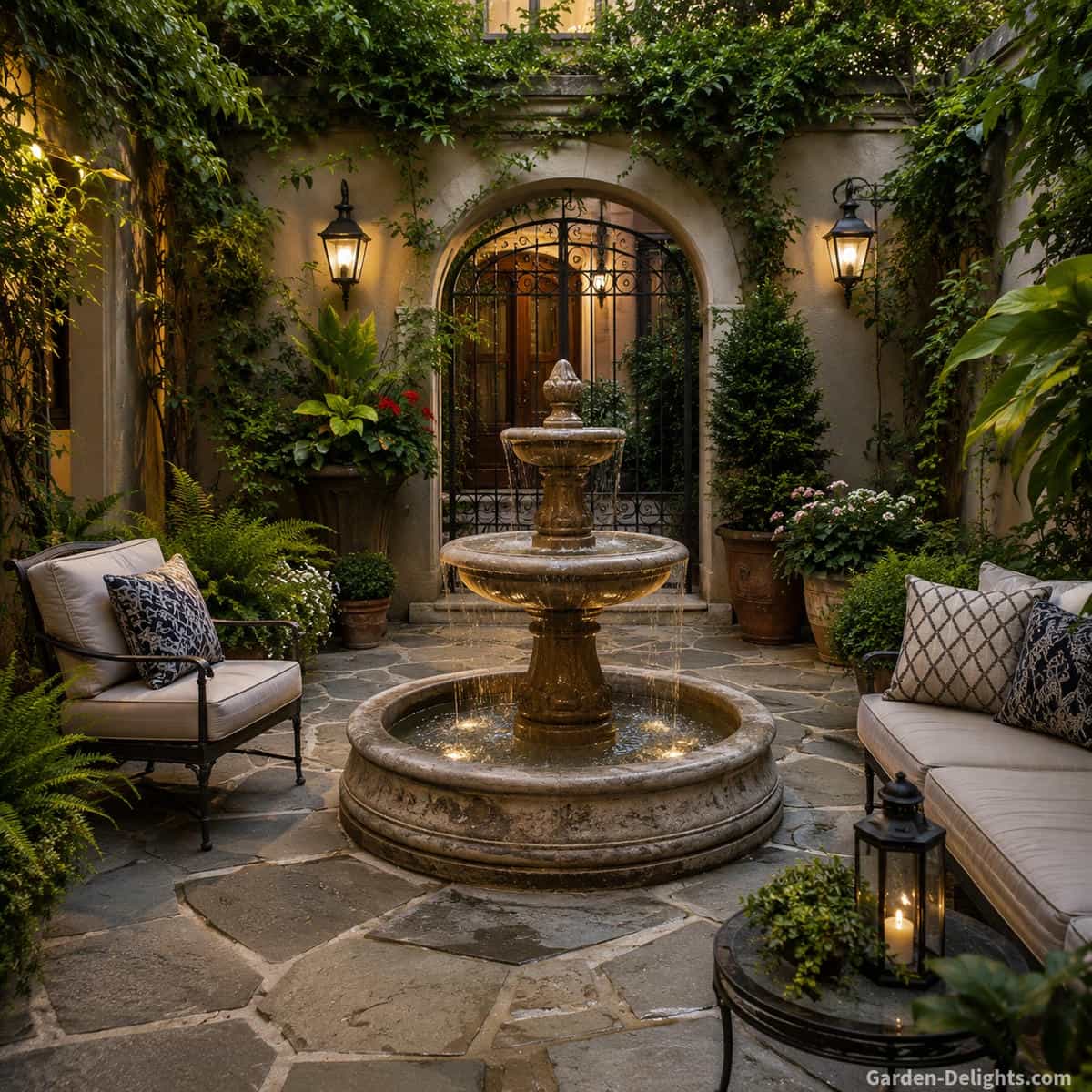 Courtyard water fountain in an enclosed patio garden with stone paving, seating, garden walls, plants, elegant water movement and soft outdoor sound.