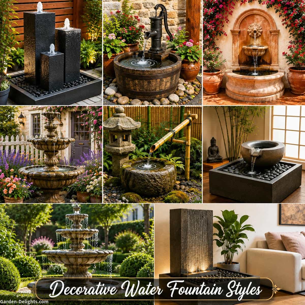 Decorative water fountain styles showing modern fountains, rustic fountains, Mediterranean fountains, cottage garden fountains, Japanese inspired fountains, Zen fountains, traditional fountains and minimalist fountains in home and garden settings.