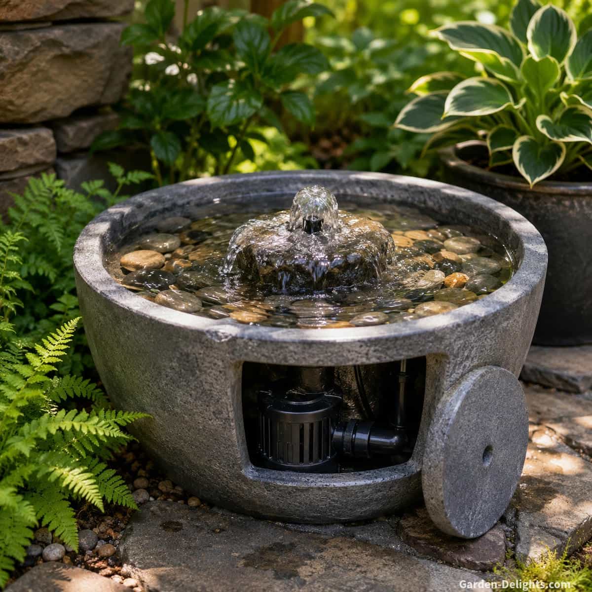 Easy maintenance water fountain with open basin access, visible pump area, smooth river stones, clean water movement, shaded garden placement and simple refilling for low maintenance patio fountain care.
