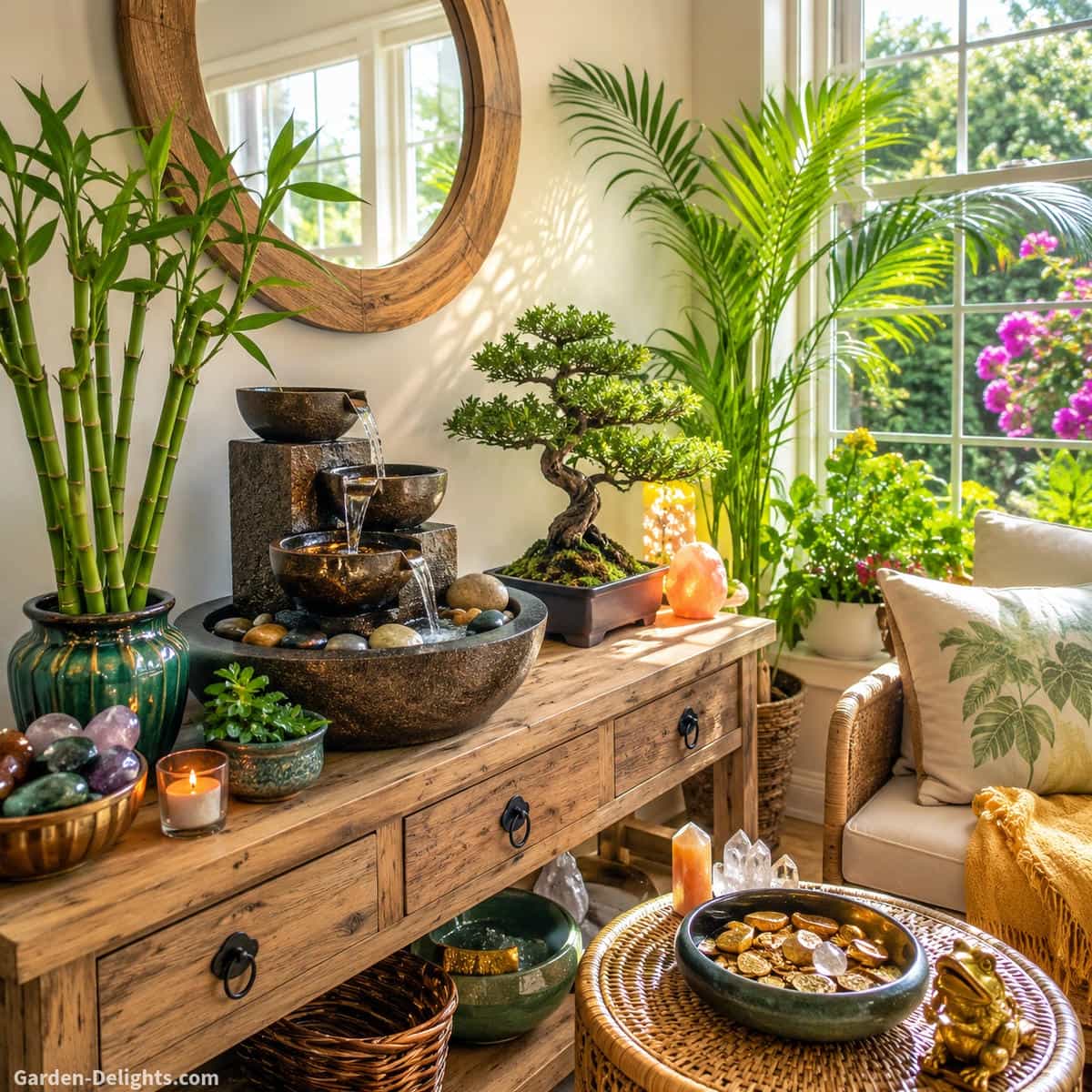 Feng Shui tabletop fountain placement in a bright indoor sunroom with flowing water, lucky bamboo, bonsai tree, river stones, natural wood furniture and balanced decor creating a peaceful prosperity corner that symbolizes abundance, harmony, calm energy flow and mindful home design.