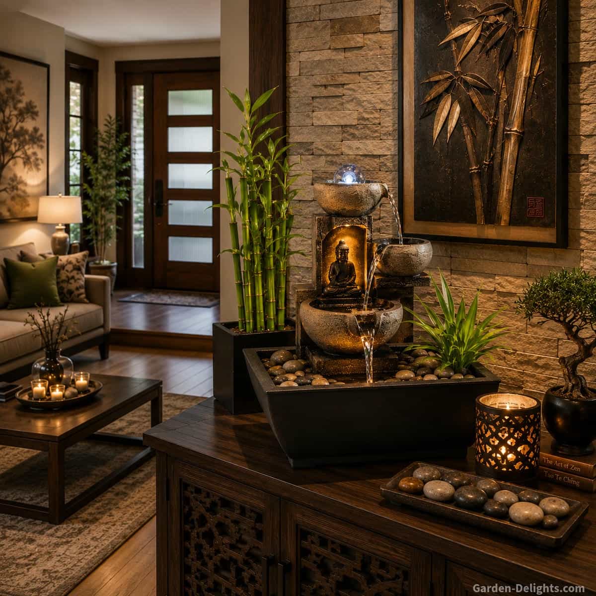 Feng Shui indoor water fountain displayed on a decorative console table beside a stone feature wall with bamboo plants, natural river rocks, warm lighting and soft flowing water. The tabletop fountain symbolizes prosperity, abundance, positive Chi energy, balance, harmony and peaceful home decor while supporting Feng Shui fountain placement ideas for entryways, living rooms and meditation spaces.