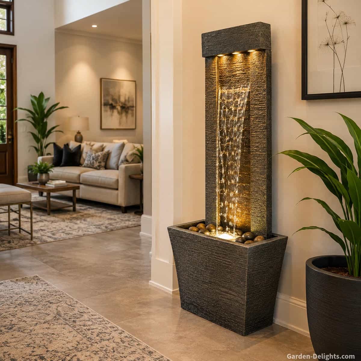 Indoor floor water fountain in a bright living room entryway with stable tile flooring, modern decor, plants, soft cascading water and clear walking space around the fountain.