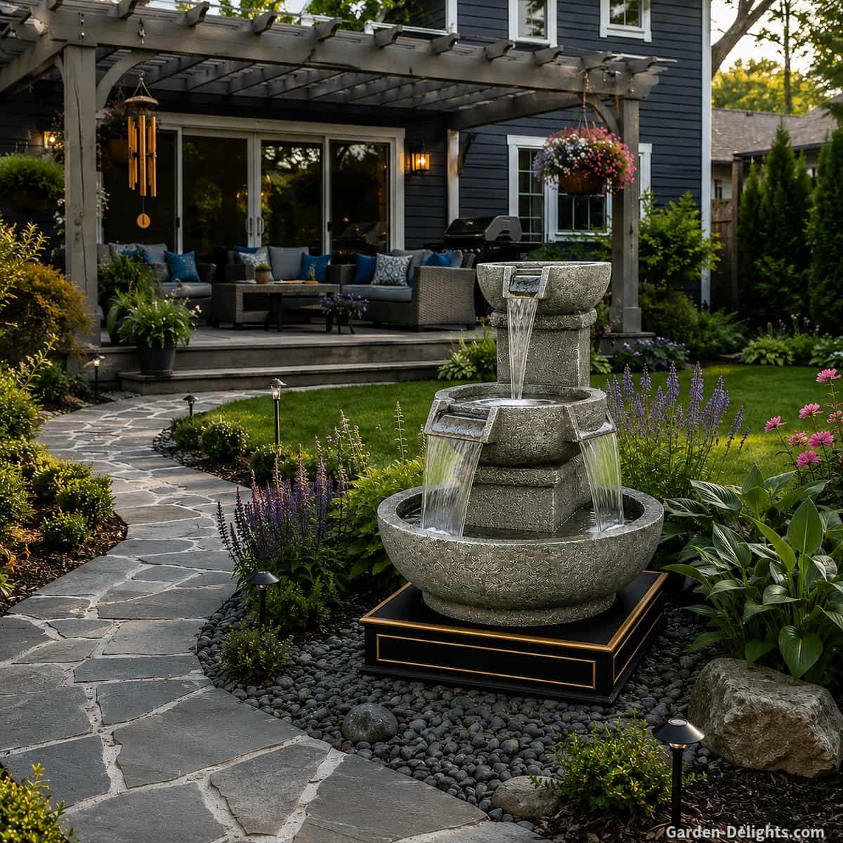 Light gray garden water fountain with cascading bowls, stone pathway, flower beds, planting borders, shrubs, perennials and manicured backyard patio near a dark blue home.