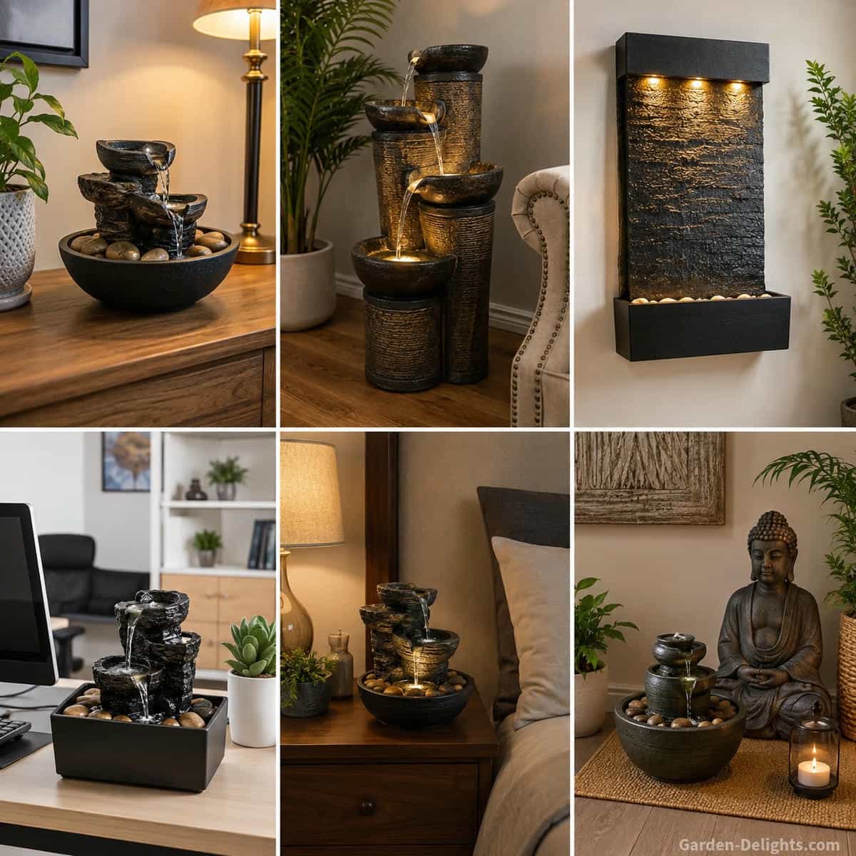 Indoor water fountain types for living rooms, bedrooms, offices and meditation corners showing tabletop fountains, wall fountains and floor fountains with plants, soft lighting and gentle water movement.