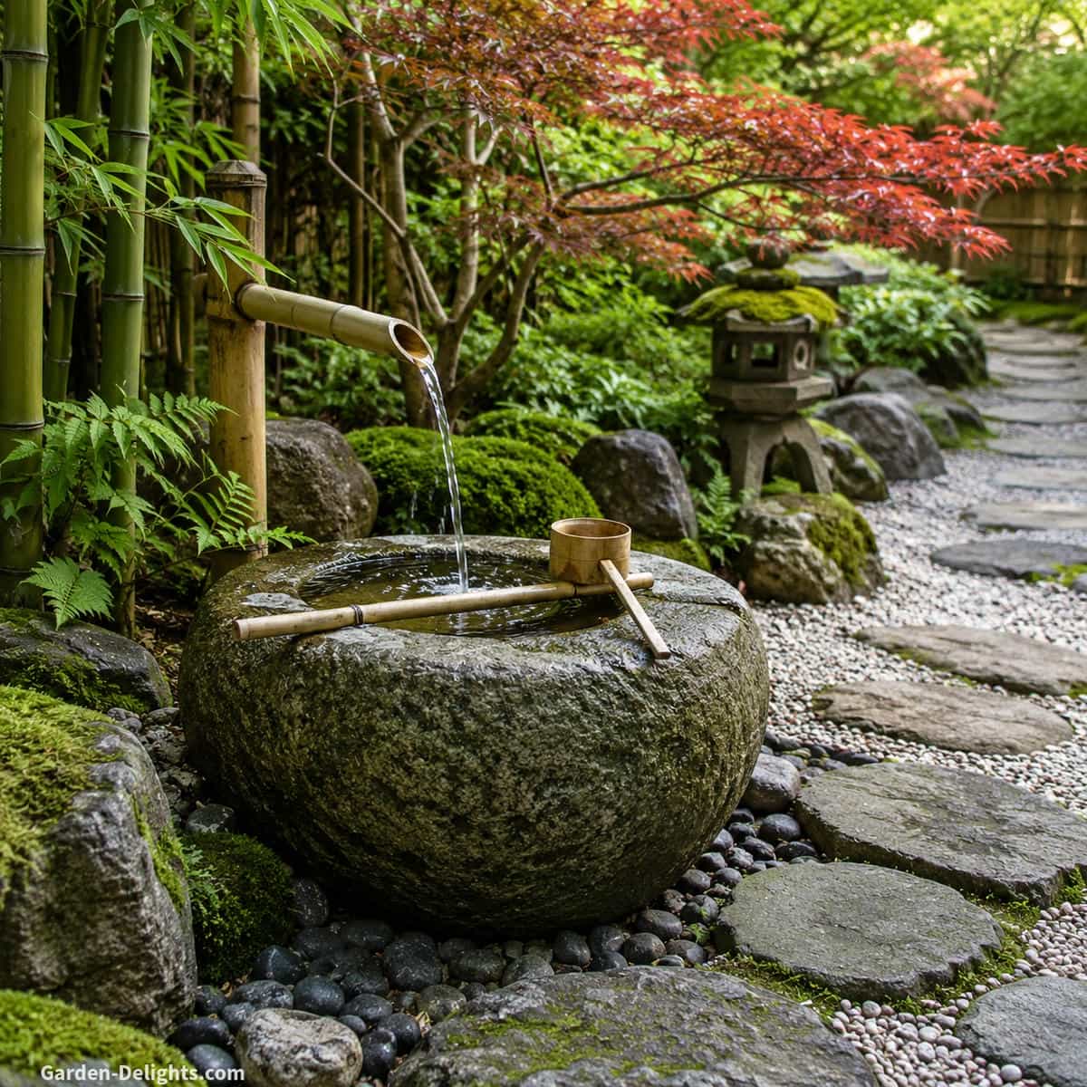 Japanese inspired water fountain style with bamboo spout, stone basin, moss, gravel path, maple leaves, soft water movement and quiet garden balance.