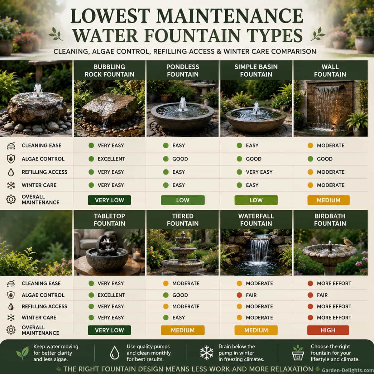 Low maintenance water fountain types showing bubbling rock fountains, pondless fountains, simple basin fountains, wall fountains, tabletop fountains, tiered fountains, waterfall fountains and birdbath fountains compared by cleaning, algae control, refilling access and winter care for real garden, patio and backyard use.