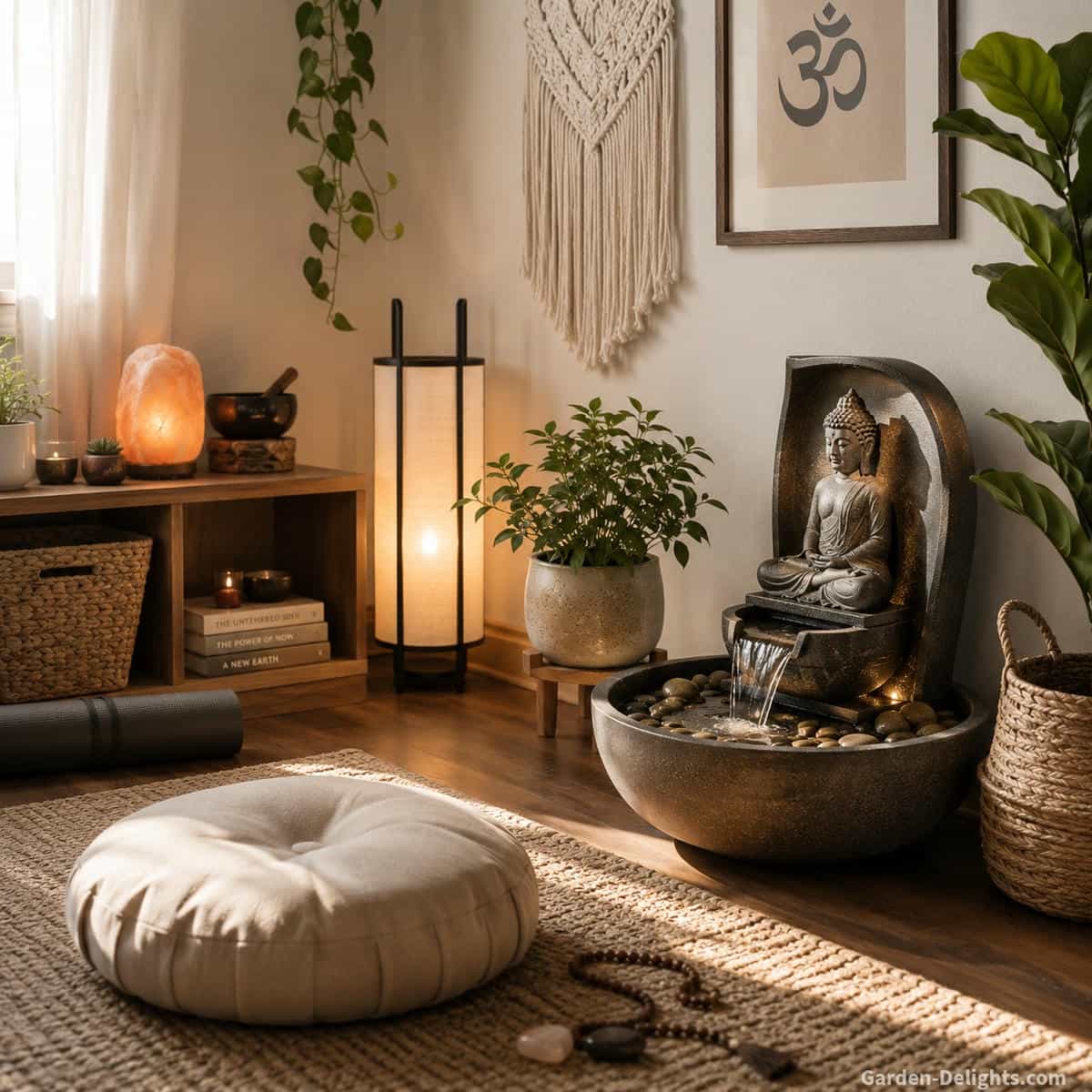 Meditation water fountain in a quiet indoor yoga corner with steady flowing water, floor cushion, plants, natural textures, soft light and uncluttered reflective home retreat design.