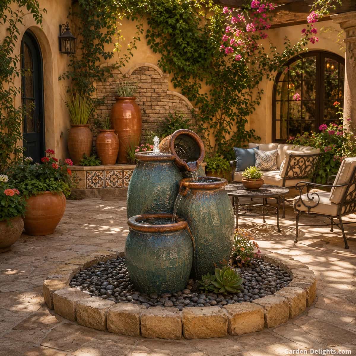 Mediterranean water fountain style in a sunny courtyard patio with decorative pottery fountain, terracotta pots, stone flooring, climbing vines, flowering plants, warm stucco walls and elegant outdoor seating.