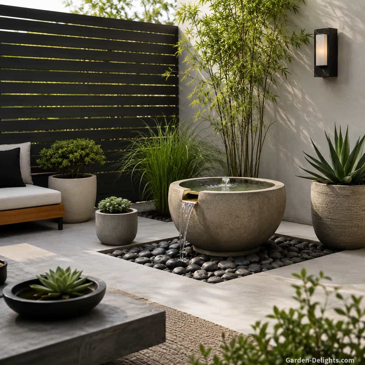 Minimalist water fountain style on a simple patio with clean concrete, smooth stone, neutral decor, open space, soft water movement and uncluttered home design.