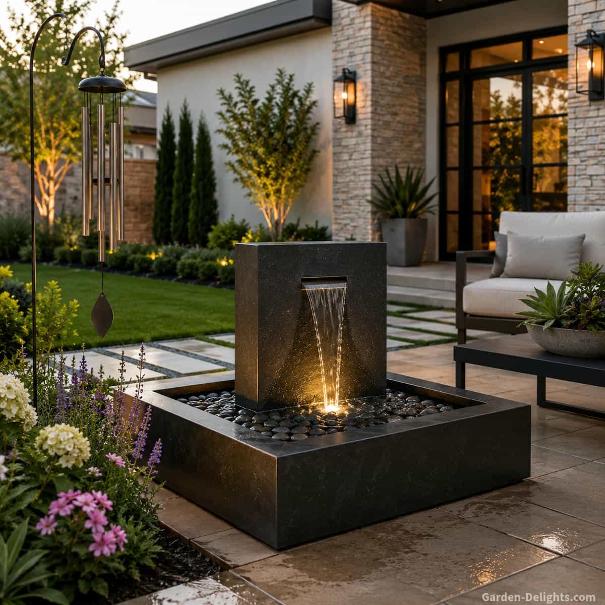 Modern water fountain style with clean geometric design, dark stone water feature, contemporary patio seating, manicured lawn, flowering garden beds, aluminum wind chime and luxury modern home entrance.