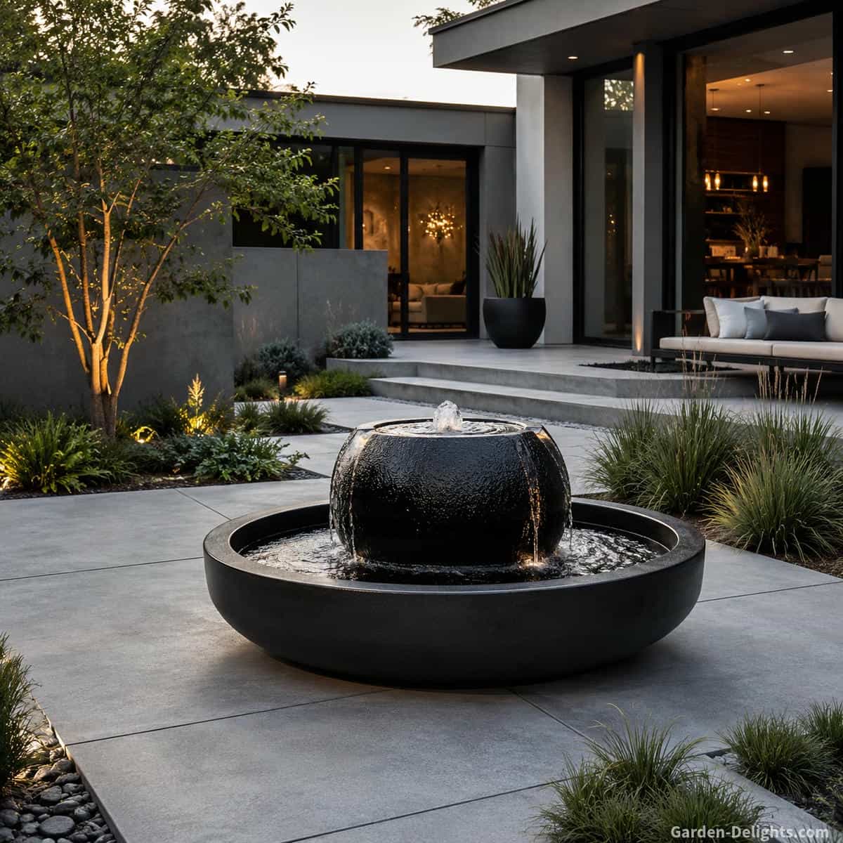 Modern black water fountain on a concrete patio beside a contemporary home with clean lines, architectural landscaping and minimalist garden plants. The fountain symbolizes calm design, balance and quiet luxury while supporting modern fountain ideas, contemporary backyard design and stylish outdoor living spaces.