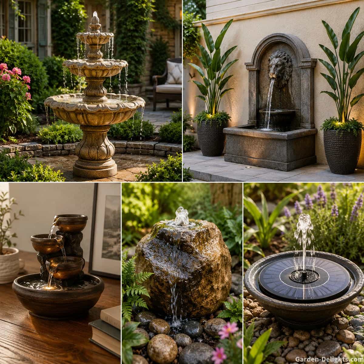Most popular water fountain types showing a tiered garden fountain, wall fountain, tabletop fountain, bubbling rock fountain and solar fountain in beautiful home spaces with patios, plants, stone paths and relaxing water movement.