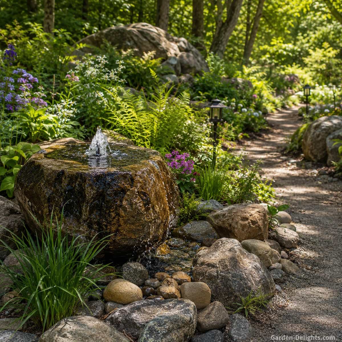 Natural landscape water fountain featuring a bubbling rock fountain beside a winding garden path surrounded by boulders, native plants, woodland flowers and gravel. The fountain symbolizes harmony between water, stone and nature while creating gentle movement, soft sound and a peaceful garden retreat. Natural landscape fountain placement for rock gardens, cottage gardens, wildlife friendly gardens and organic outdoor living spaces.