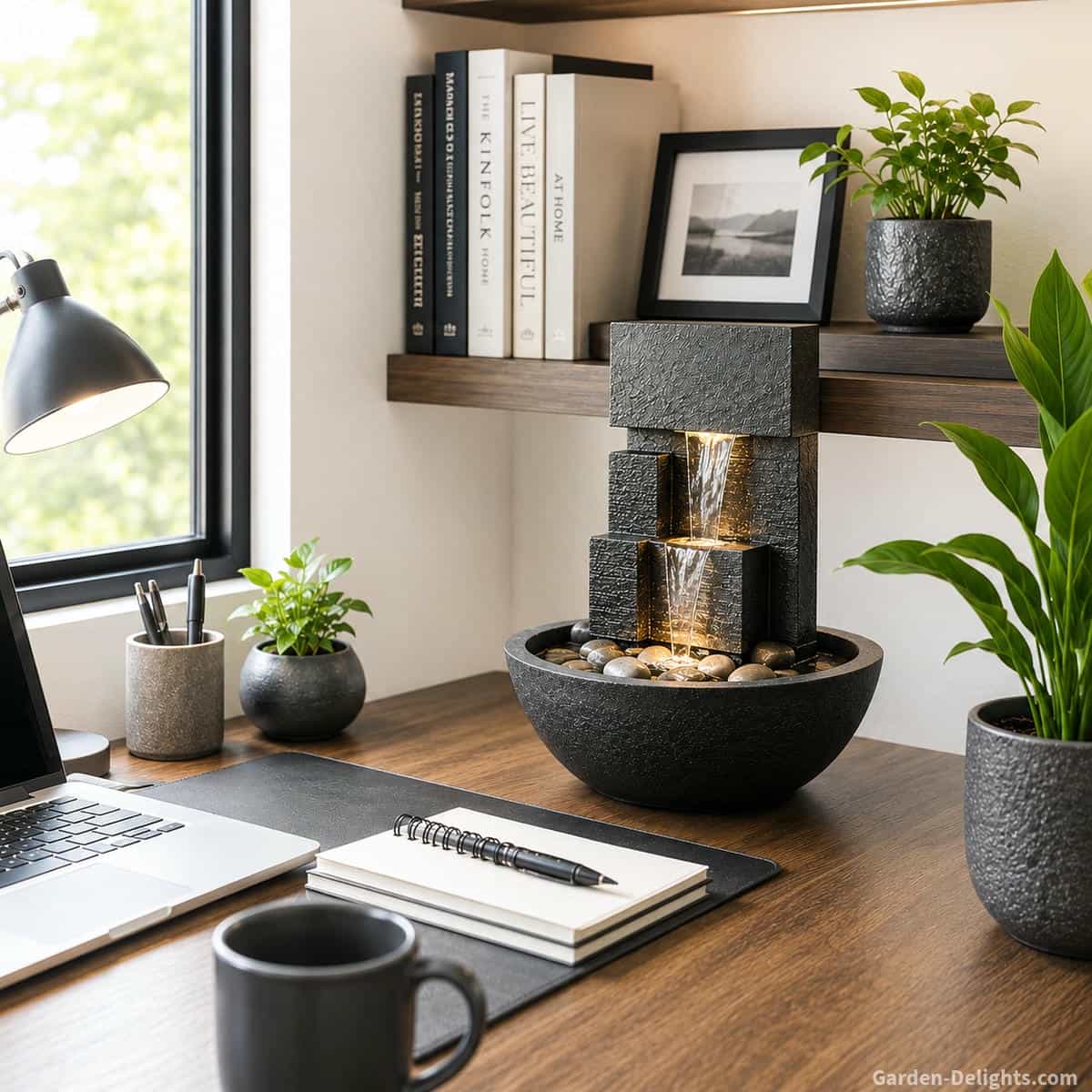 Office water fountain on a clean home office desk beside a laptop, notebook, indoor plants and soft window light with gentle trickling water creating a focus friendly workspace.