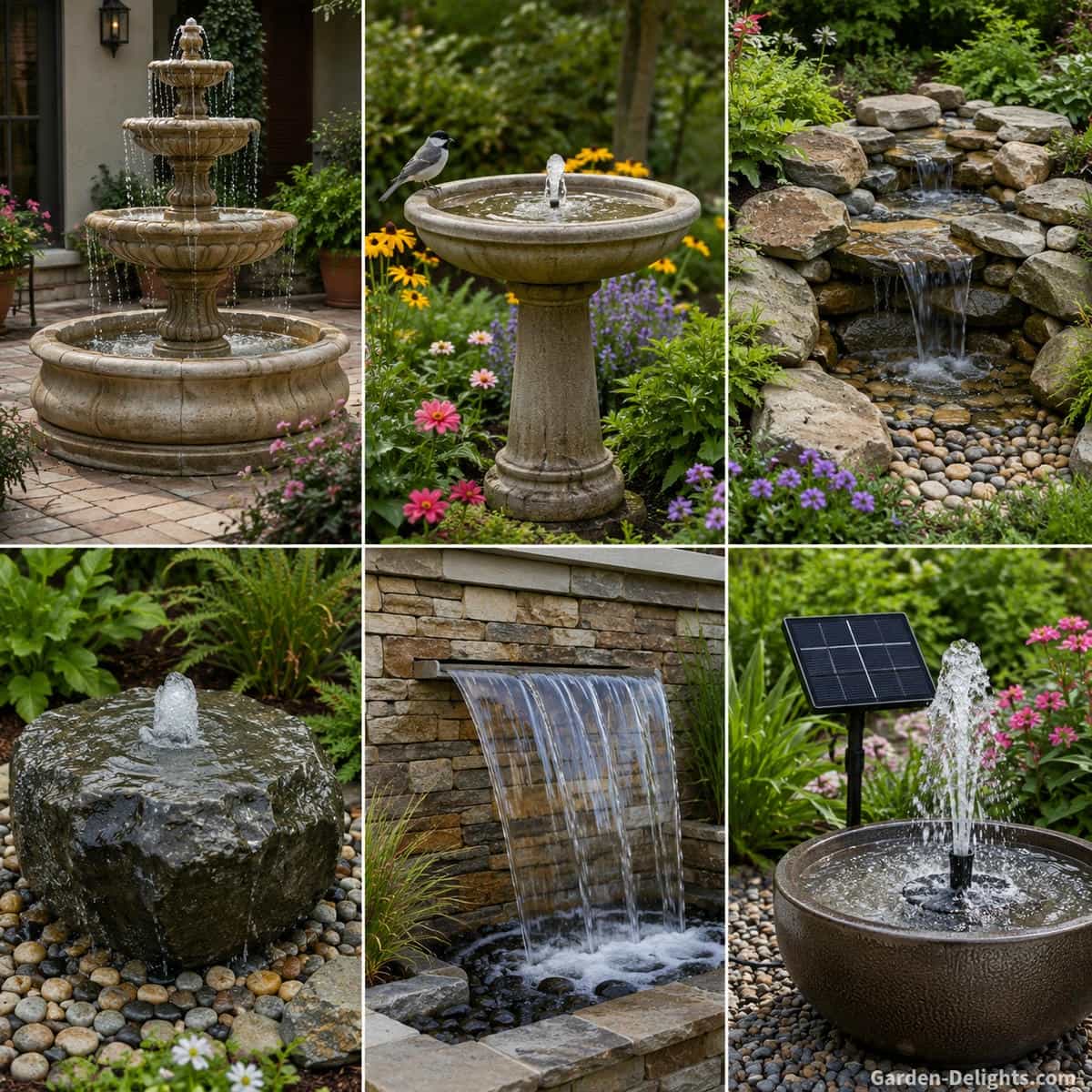 Outdoor water fountain types for gardens, patios and backyards showing tiered fountains, garden fountains, patio water features, stone paths, outdoor seating, plants and moving water for backyard landscaping ideas.