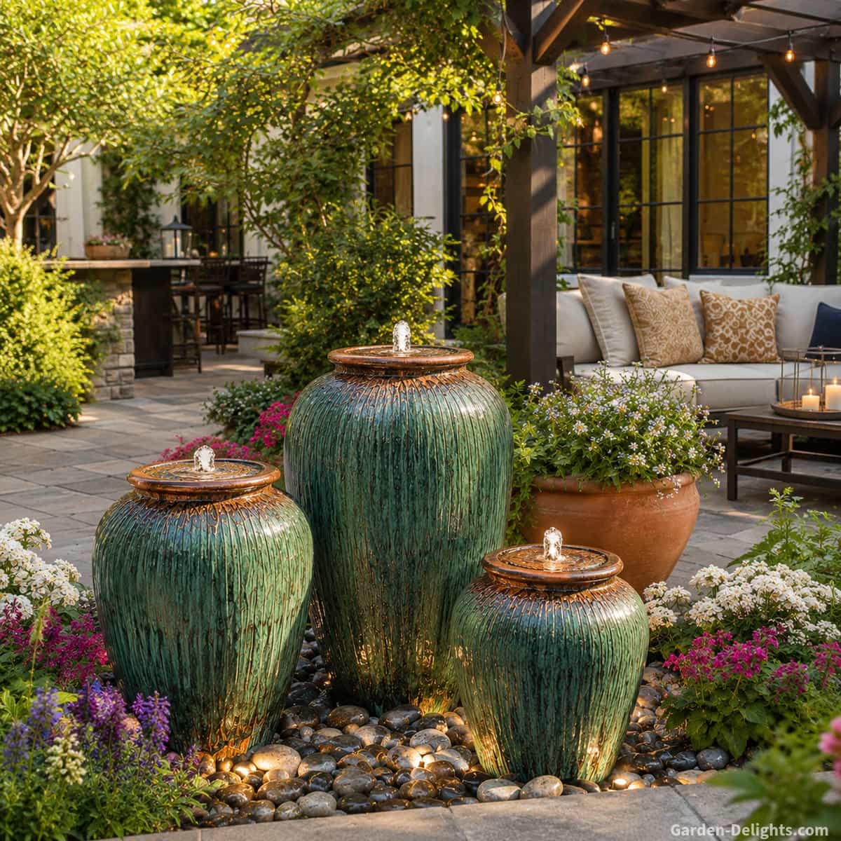 Patio water fountain featuring three decorative bubbling urn fountains surrounded by flowering container gardens, river rock, landscape lighting and comfortable pergola seating in an elegant backyard outdoor living space. Gentle bubbling water sounds create relaxation, conversation comfort, visual balance and peaceful outdoor living while inspiring patio fountain placement ideas, backyard landscaping and outdoor water feature design.