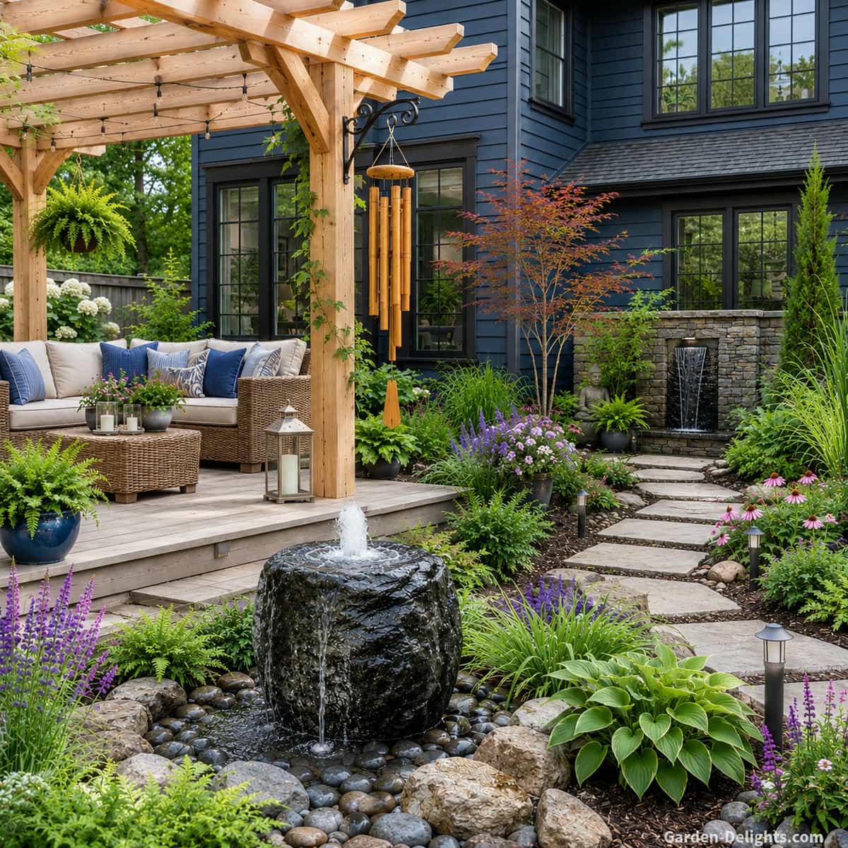 Peaceful backyard water fountain meditation space with a small wall fountain, bubbling rock fountain, cedar pergola, bamboo wind chimes, comfortable patio furniture, natural stone landscaping, soft plants and a dark blue home creating a relaxing outdoor retreat for meditation, stress relief and calm backyard living.