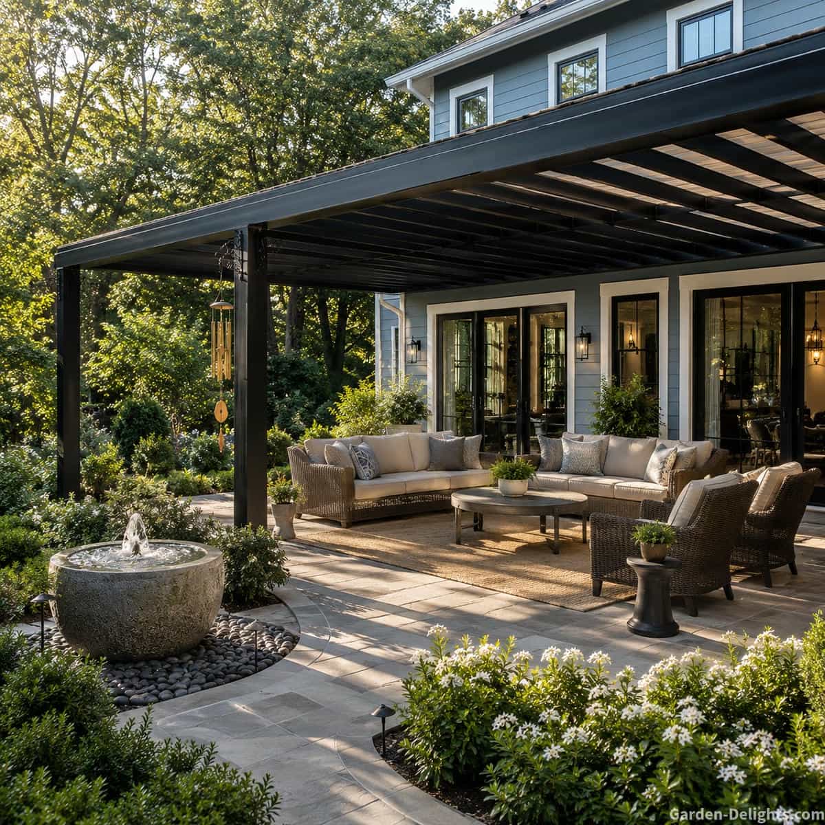 Patio water fountain beside comfortable outdoor seating beneath a black pergola with landscaped garden beds and a light blue home. A bubbling fountain creates gentle water sounds while enhancing patio design, outdoor living comfort, relaxation and practical fountain placement for entertaining and everyday enjoyment.