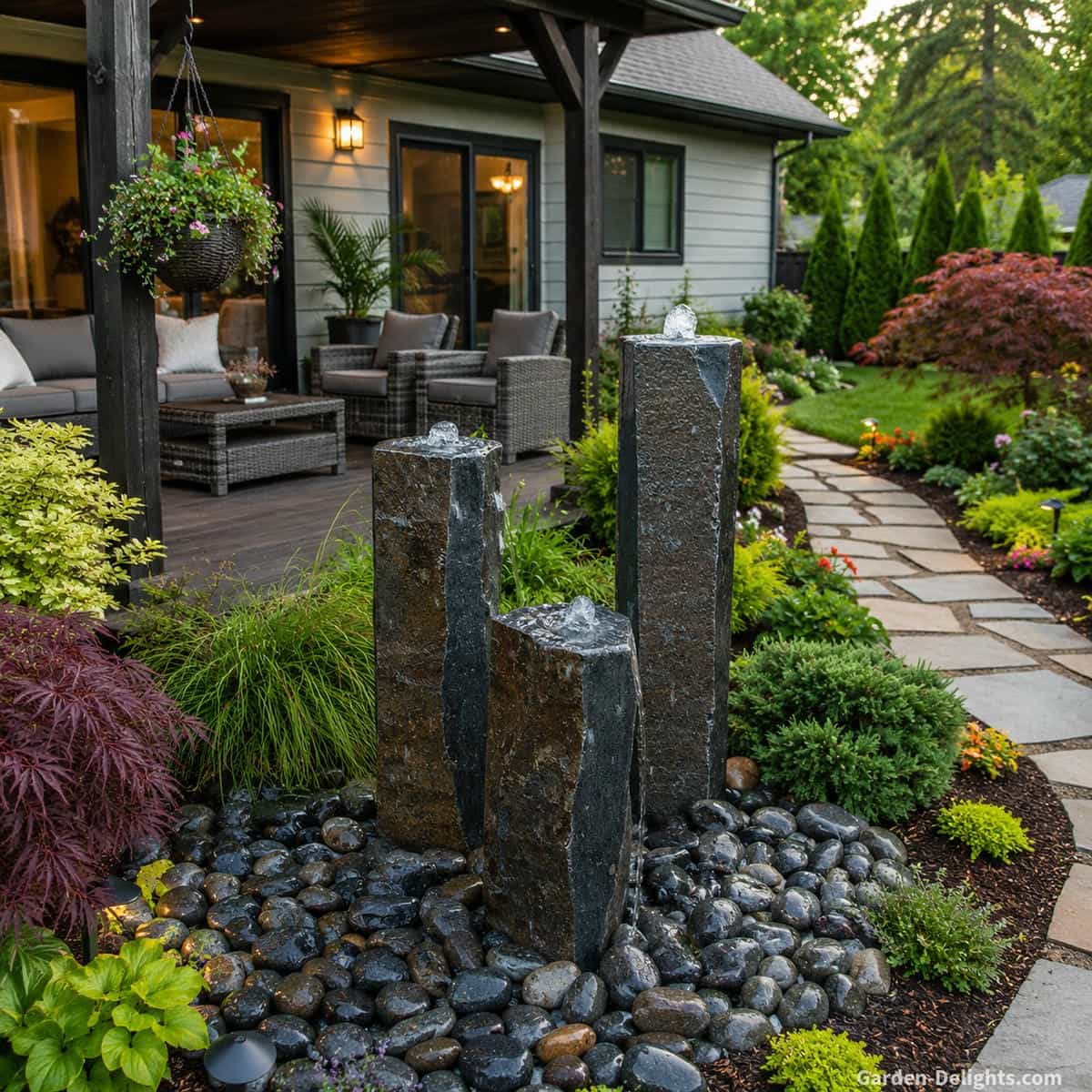 Pondless column water fountain with dark gray stone, black accents, hidden river rock basin, flowing water, garden pathway, lush plants and backyard patio retreat near a light gray bungalow.