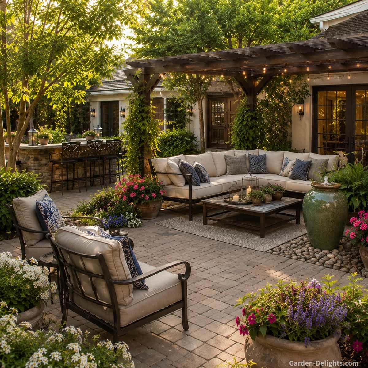 Bubbling urn fountain beside comfortable patio seating, container gardens, flowering plants and a pergola in a relaxing backyard retreat. The gentle water sound creates a peaceful outdoor living space while supporting patio fountain placement ideas, backyard water feature inspiration and conversation friendly garden design.