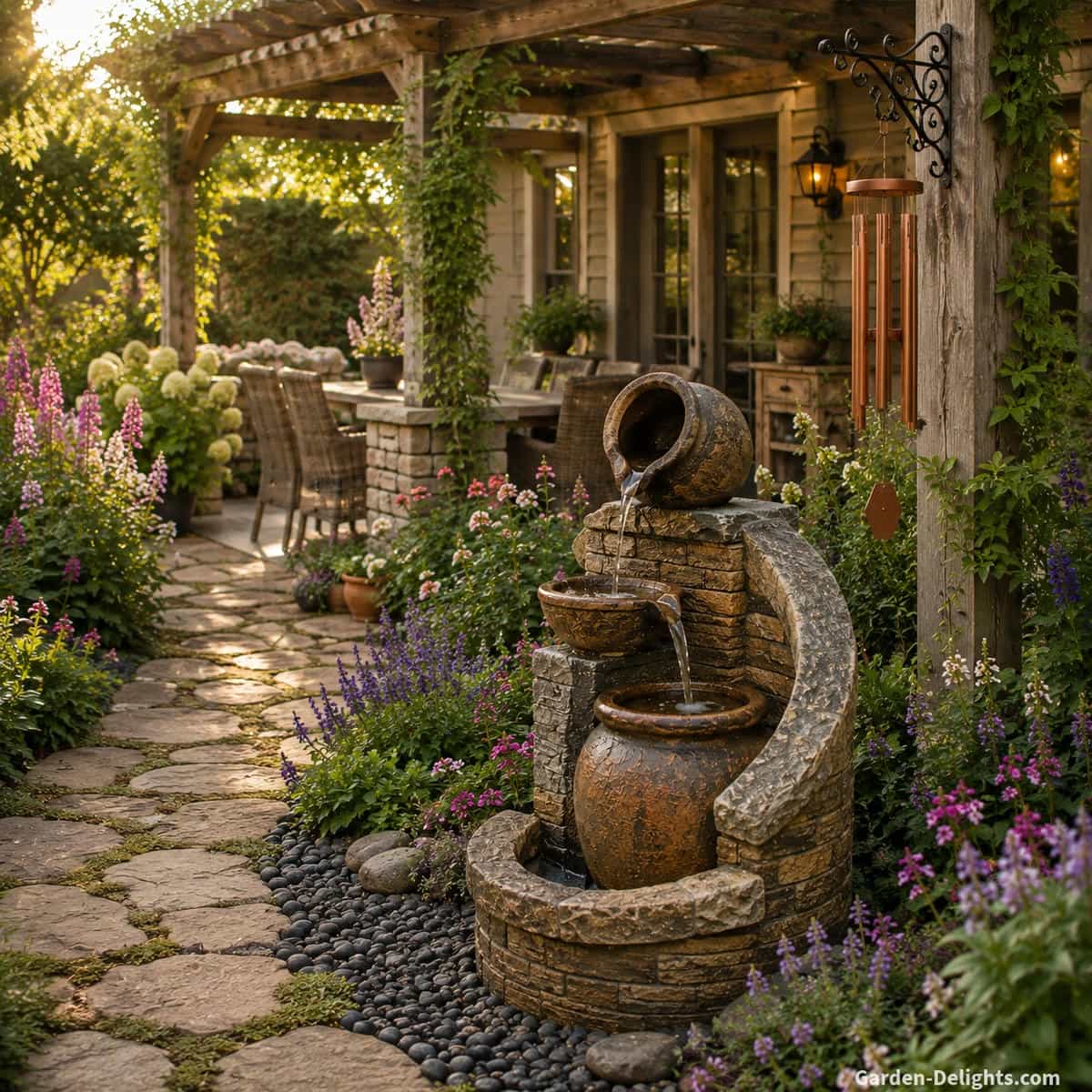 Rustic water fountain style beside a natural stone garden path with weathered stone, aged pottery, dark river gravel, flowering plants, copper wind chime, pergola patio and relaxed outdoor decor.