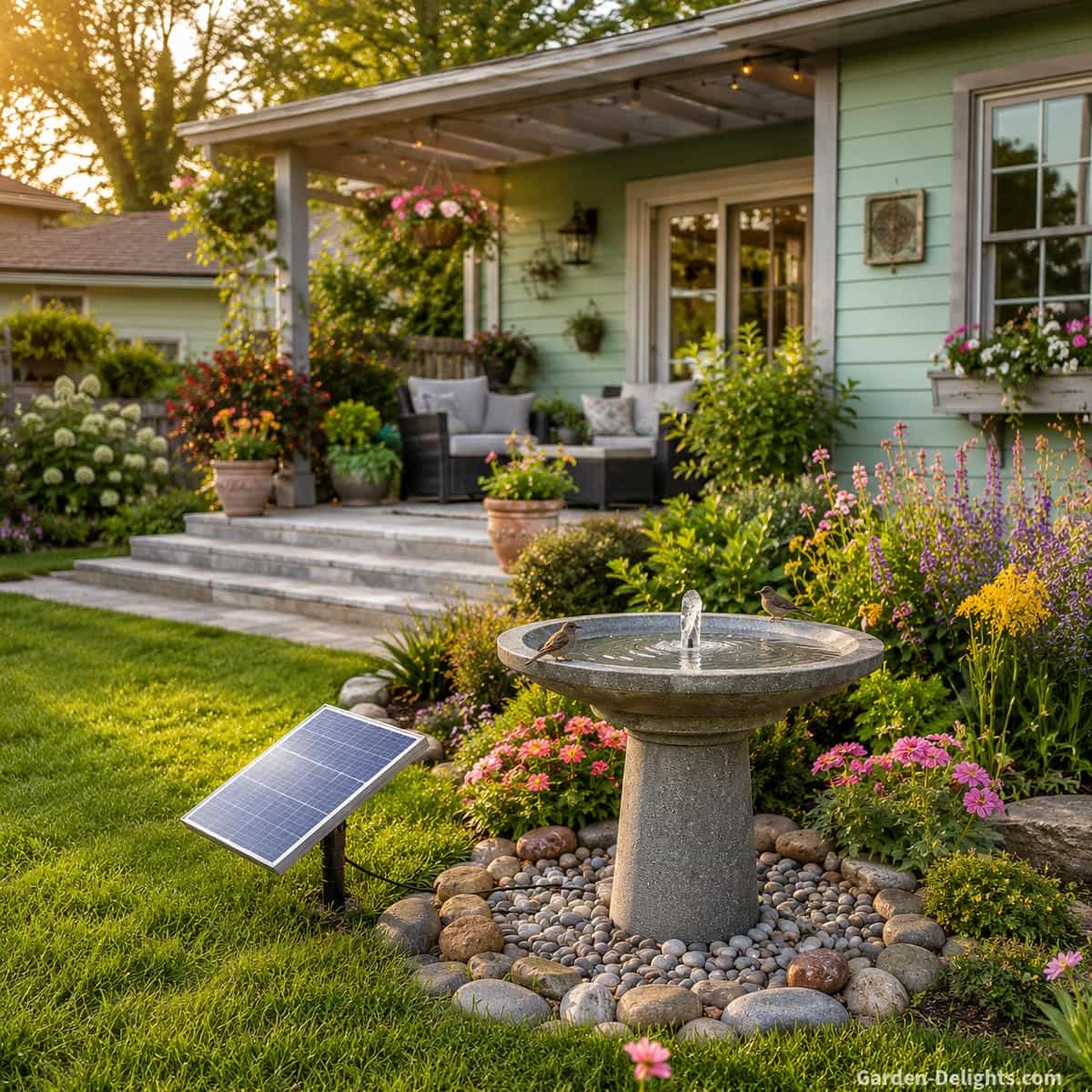 Solar outdoor birdbath water fountain with visible solar panel, moving water, sunny flower garden, patio plants and mint green bungalow backyard retreat.