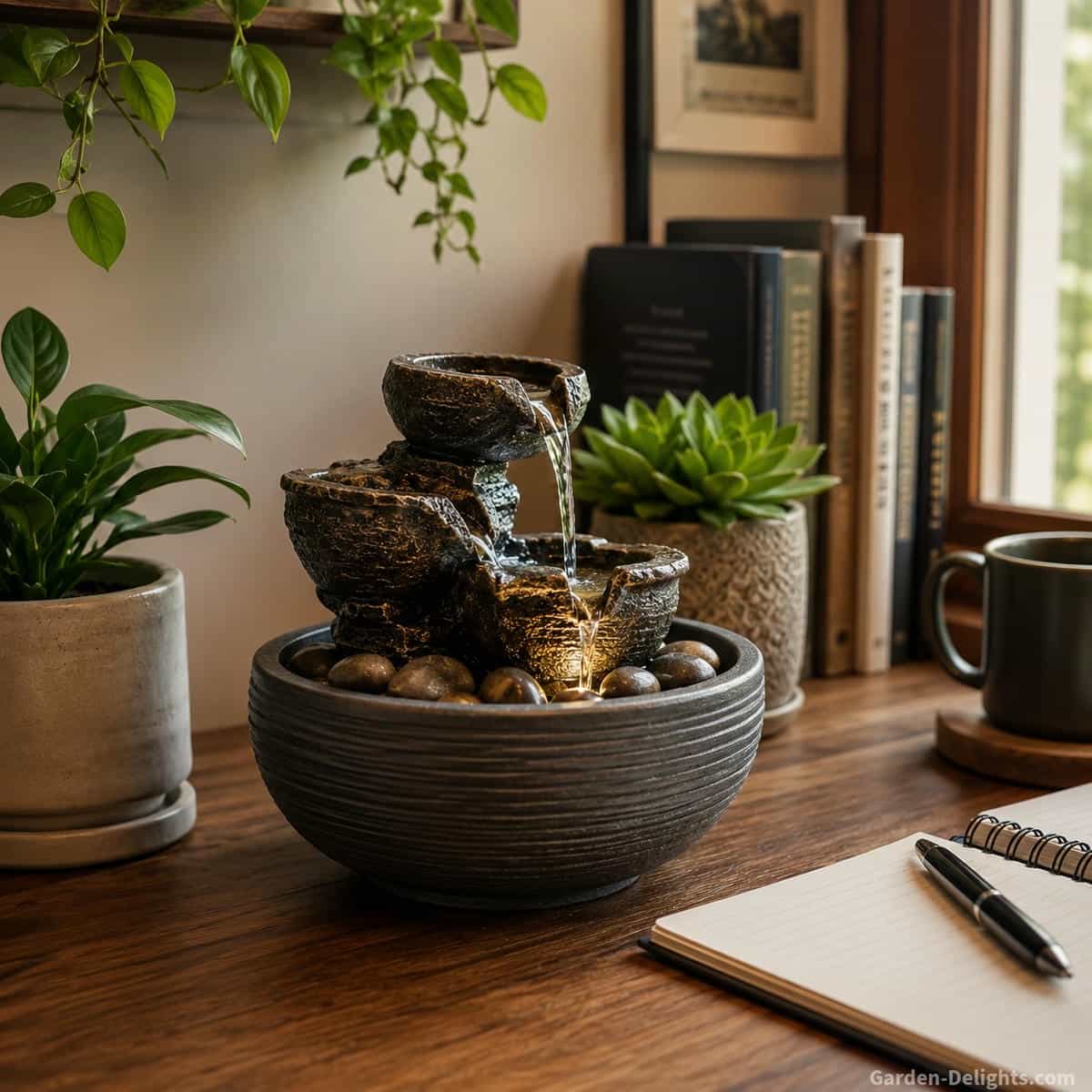 Tabletop water fountain on a small wooden desk with gentle bubbling water, indoor plants, books, soft window light and protected surface decor for a quiet home office or apartment space.