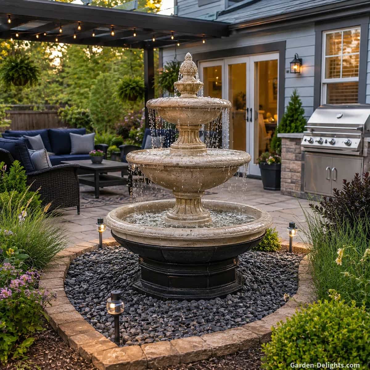 Three tier stone water fountain with cascading water in a landscaped backyard patio retreat featuring black wicker outdoor furniture, blue cushions, pergola seating area, garden borders and traditional courtyard fountain design.