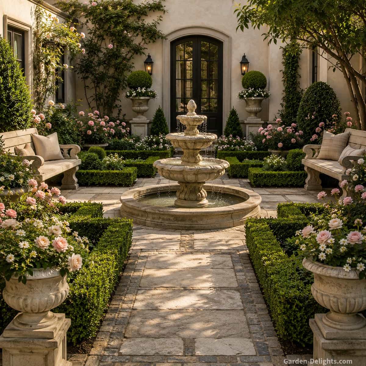 Traditional water fountain style in a formal garden courtyard with tiered stone bowls, carved details, trimmed hedges, classic seating, flower beds and steady cascading water.