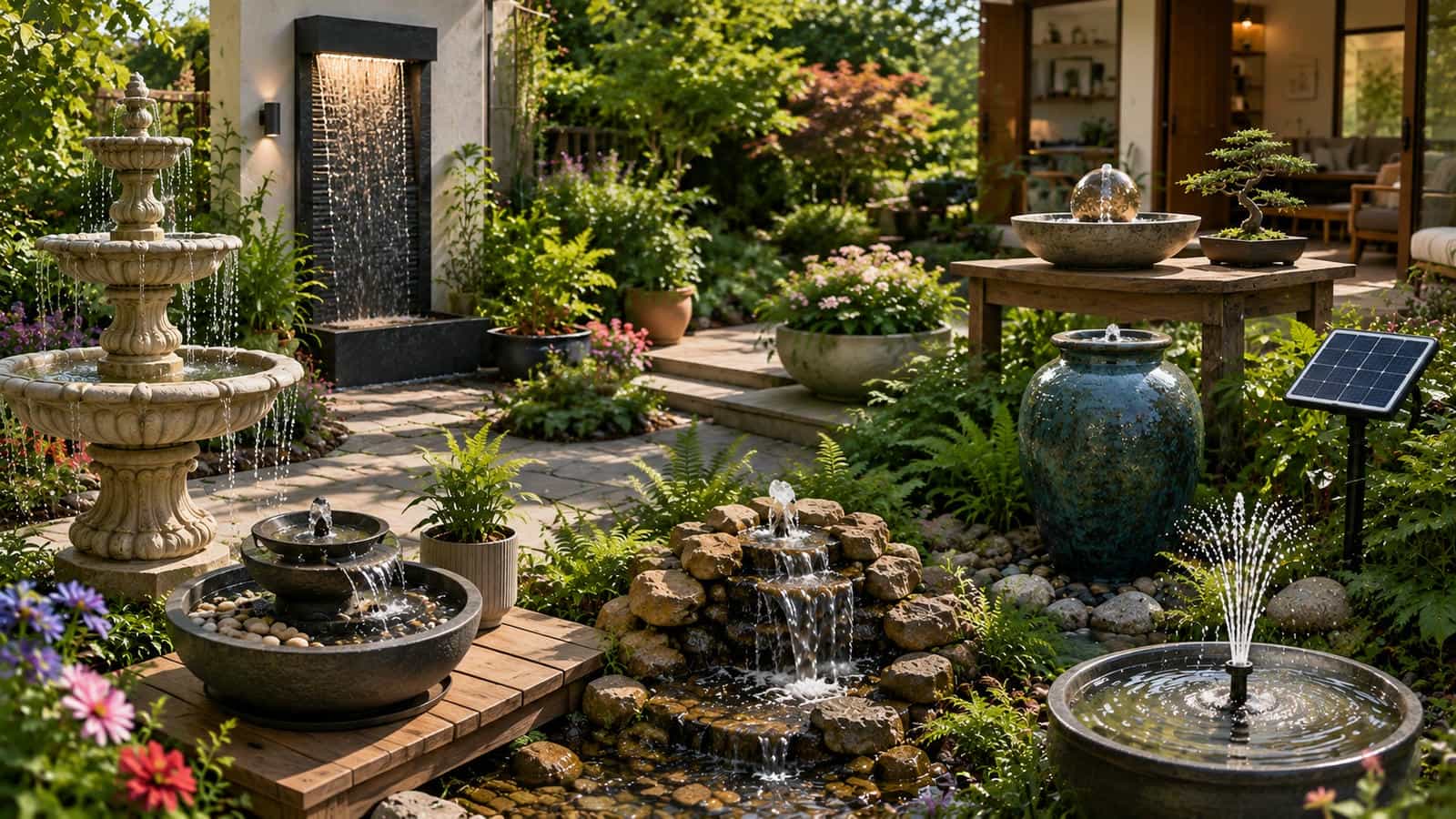 Types of water fountains guide showing tiered, wall, tabletop, bubbling rock, pondless, solar and modern garden fountains in landscaped outdoor and indoor living spaces.