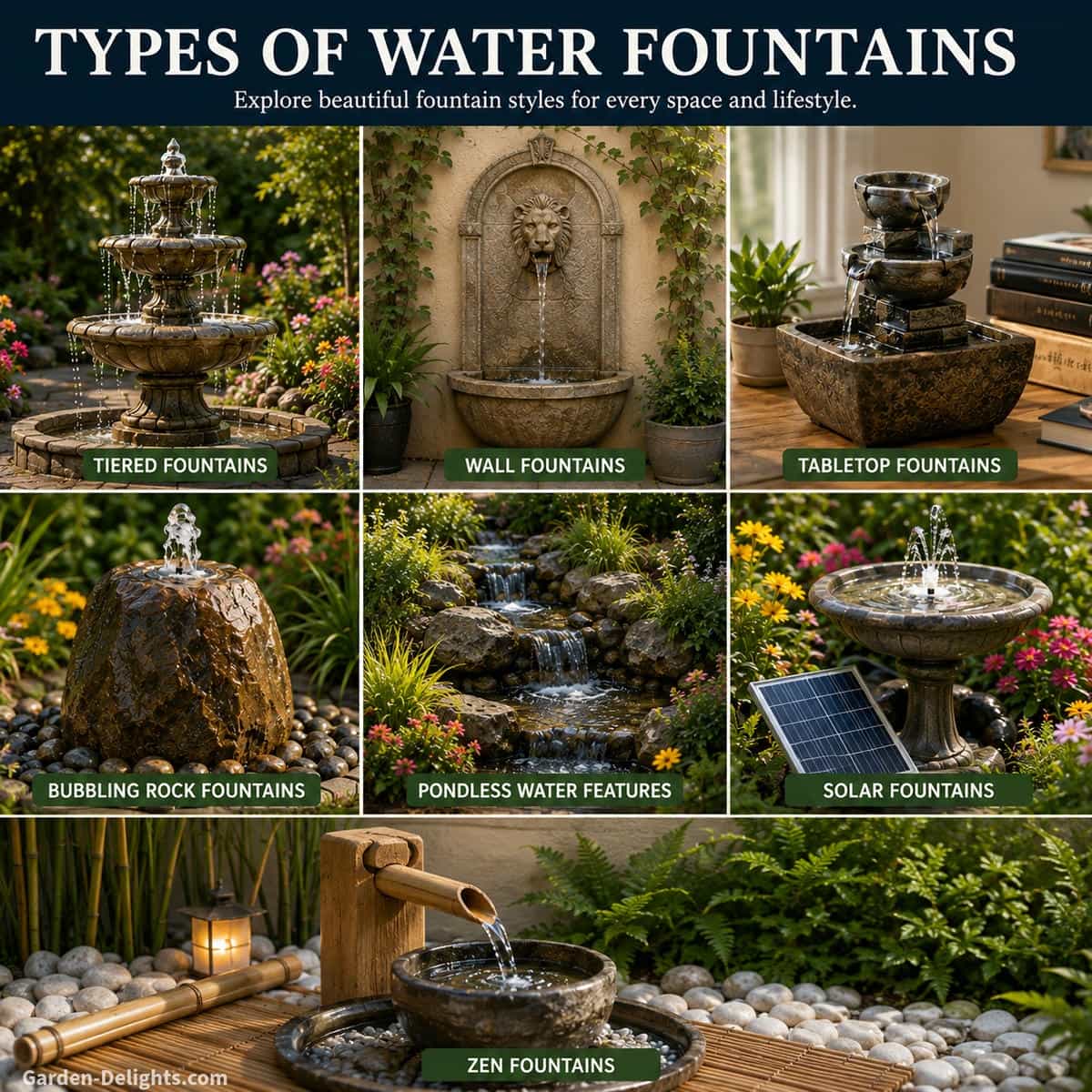 Types of water fountains guide showing tiered, wall, tabletop, bubbling rock, pondless, solar and Zen fountain styles for gardens, patios, indoor spaces and backyard retreats.