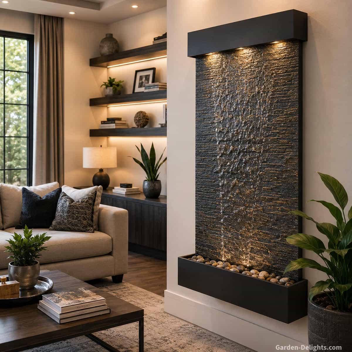 Wall mounted indoor water fountain on a modern living room wall with smooth sheet water, stone texture, nearby plants, clean decor, outlet access and space saving vertical design.