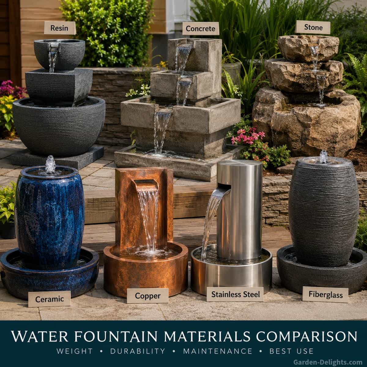 Water fountain materials comparison showing resin, concrete, natural stone, ceramic, copper, stainless steel and fiberglass fountains in a landscaped garden and patio setting. Different fountain materials display unique textures, durability, weight characteristics and water movement. The scene highlights how fountain material selection affects maintenance, weather resistance, placement flexibility and long term outdoor performance.