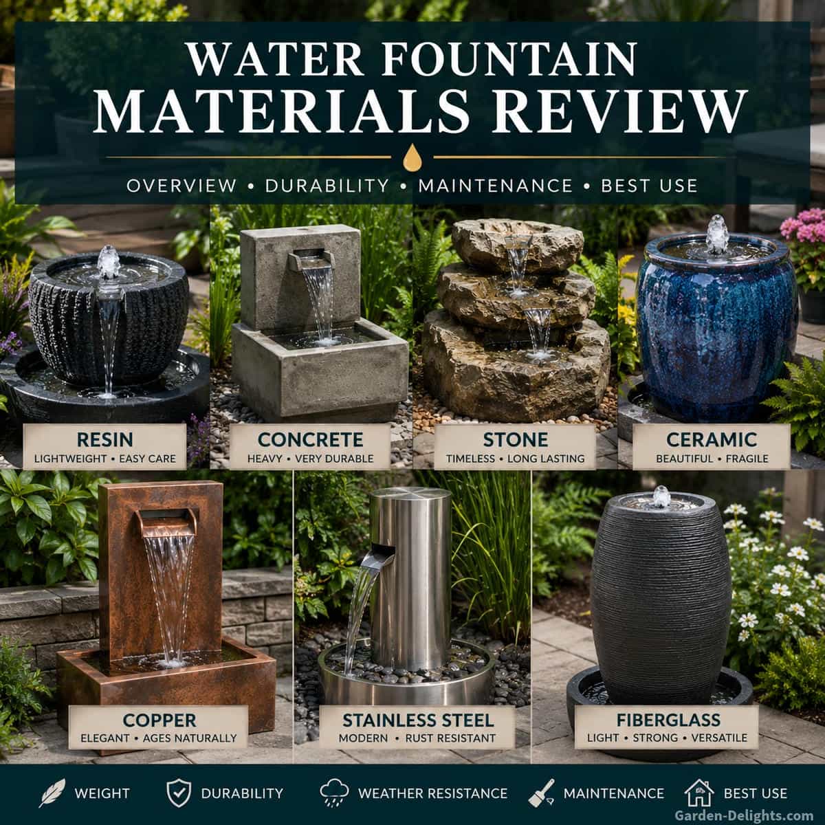 Water fountain materials showing stone fountains, resin fountains, ceramic fountains, concrete fountains and metal fountains with texture, weight, weather resistance and outdoor durability for garden fountain ideas.