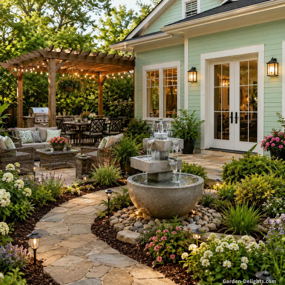 Well planned backyard water fountain placement beside a mint green home with white trim, patio doors, wood pergola, stone garden path, outdoor seating, flower beds and open cleaning access. The fountain is placed far enough from furniture to control splash while staying visible from the patio, pathway and outdoor living space.