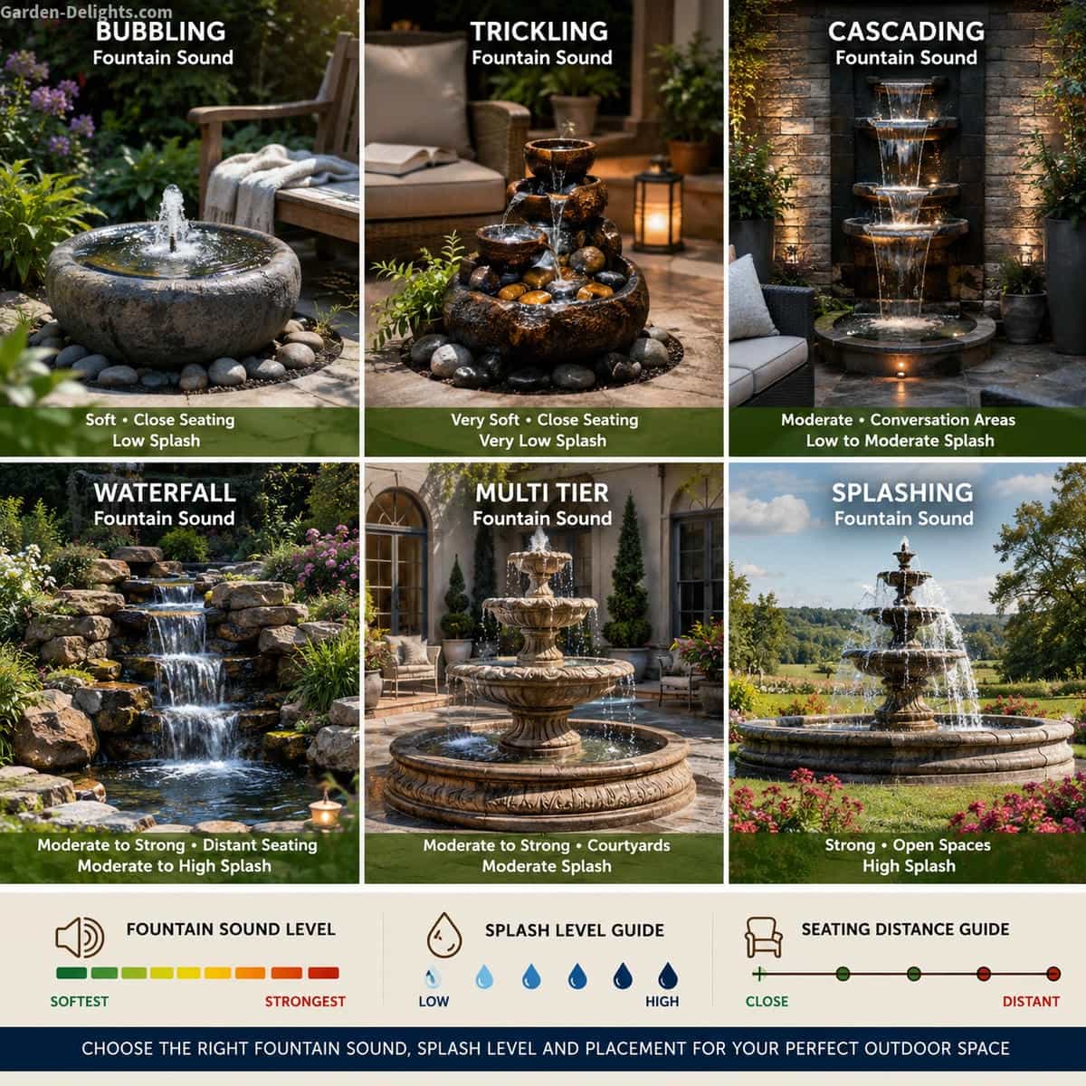Water fountain sound comparison showing bubbling fountains, trickling fountains, cascading wall fountains, waterfall fountains, multi tier fountains and splashing fountains arranged by sound level, splash behavior, seating distance and outdoor garden placement.