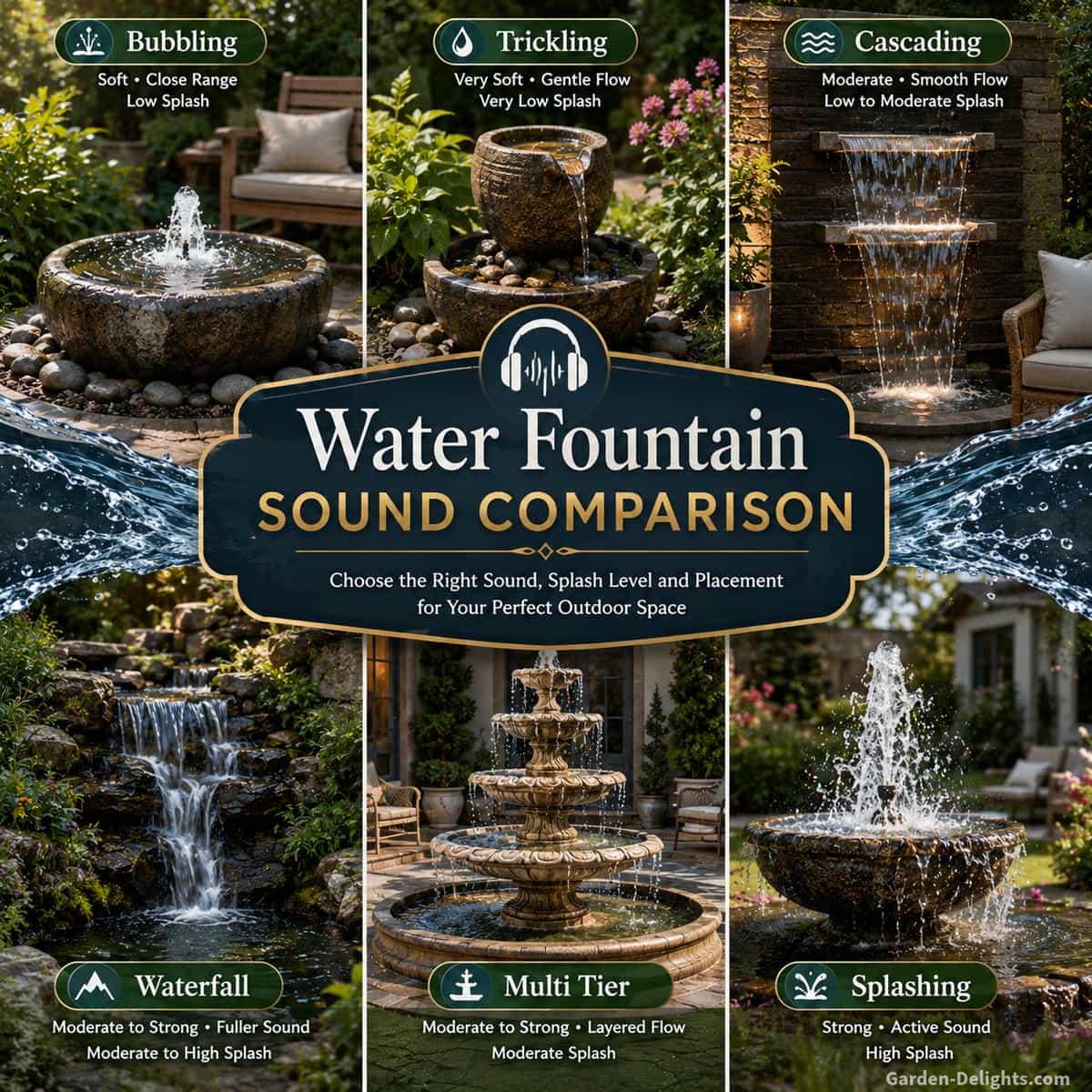 Water fountain sound comparison showing bubbling fountains, trickling fountains, cascading fountains, tiered fountains and waterfall fountains with different water movement styles for patios and gardens.