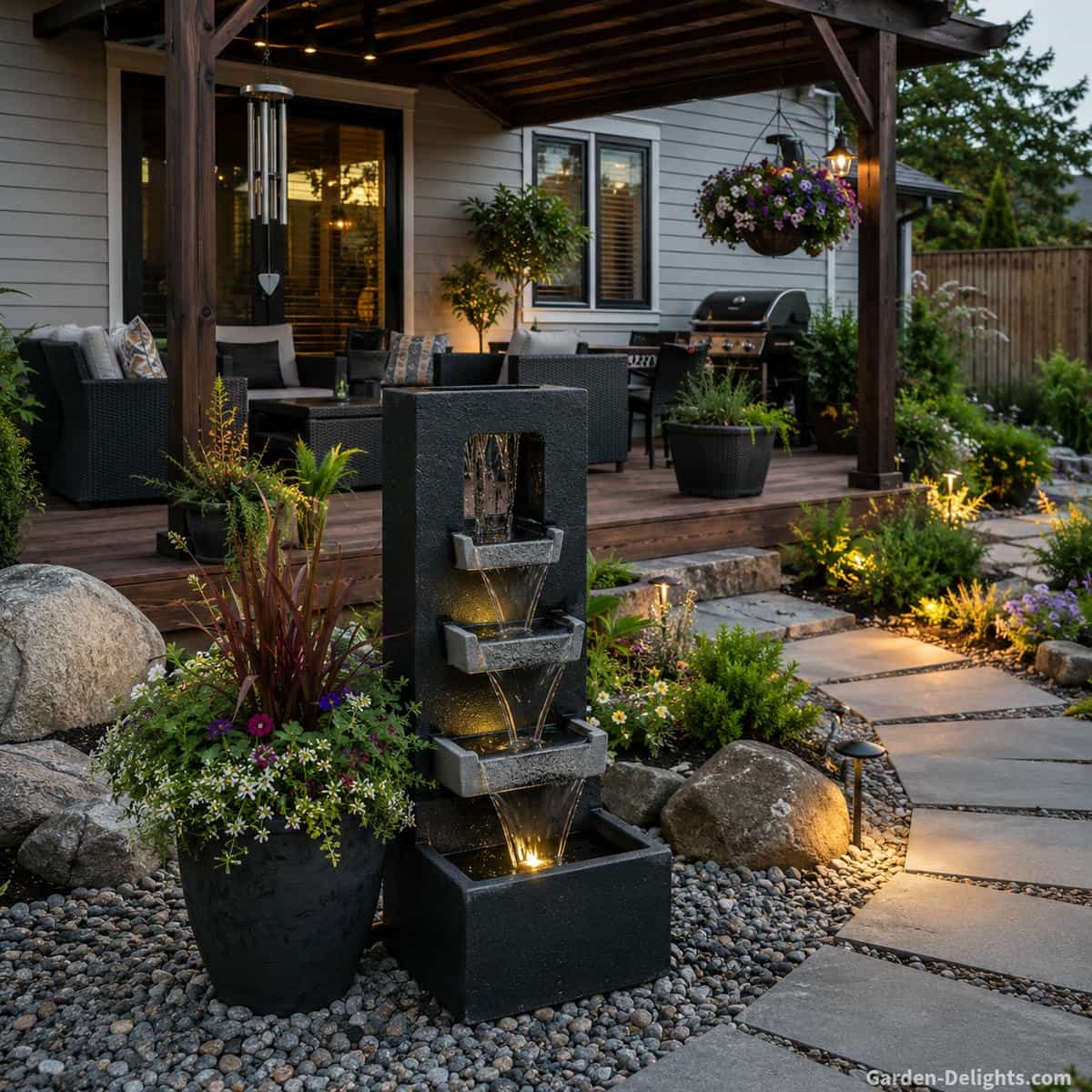 Modern black waterfall fountain with light gray spillway bowls, cascading water, decorative gravel, garden pathway, planted rock border and backyard patio retreat with covered outdoor living space.