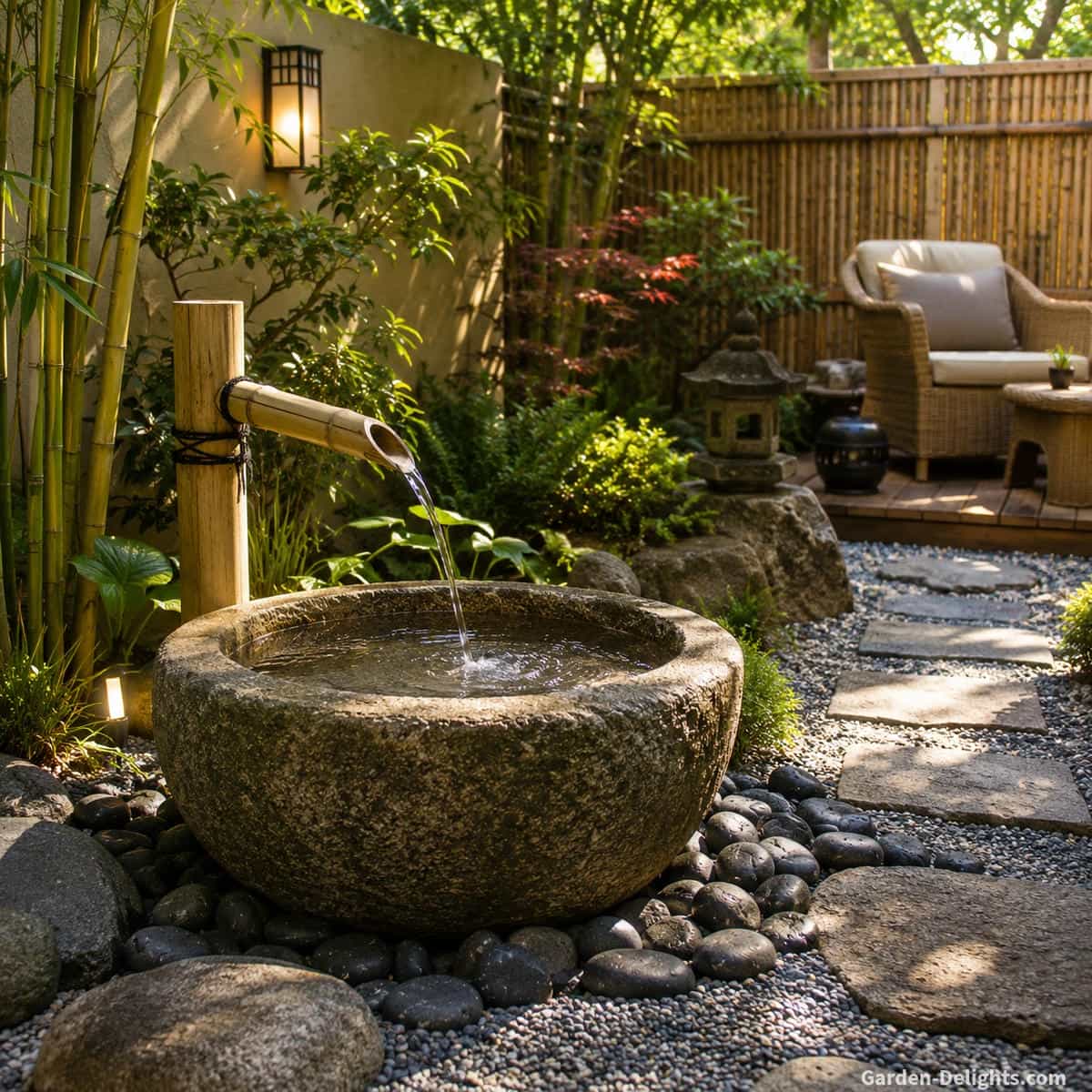 Zen water fountain style in a quiet meditation garden with stone basin, soft flowing water, gravel, plants, natural textures and uncluttered reflective design.